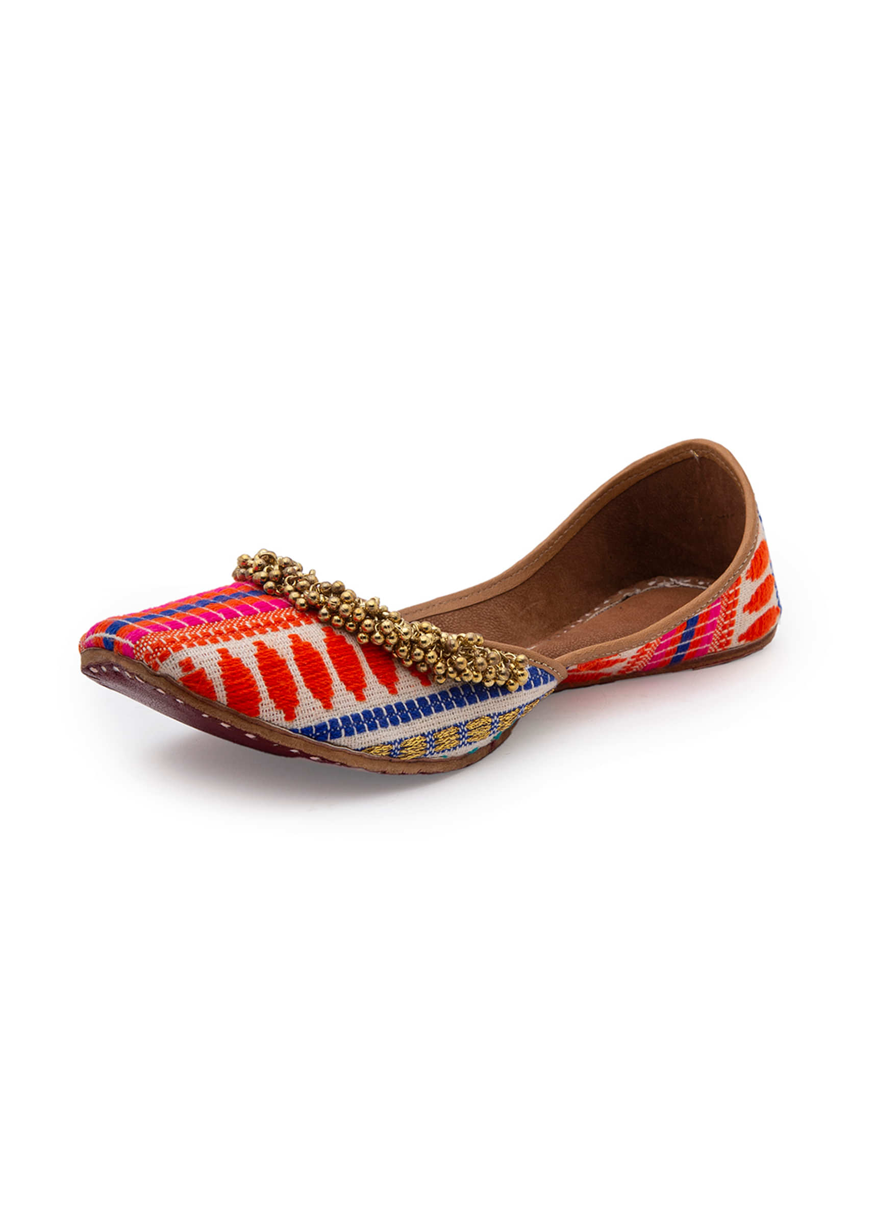 Multi Colored Juttis In Jacquard With Ethnic Print And Tiny Ghungroos By 5 Elements