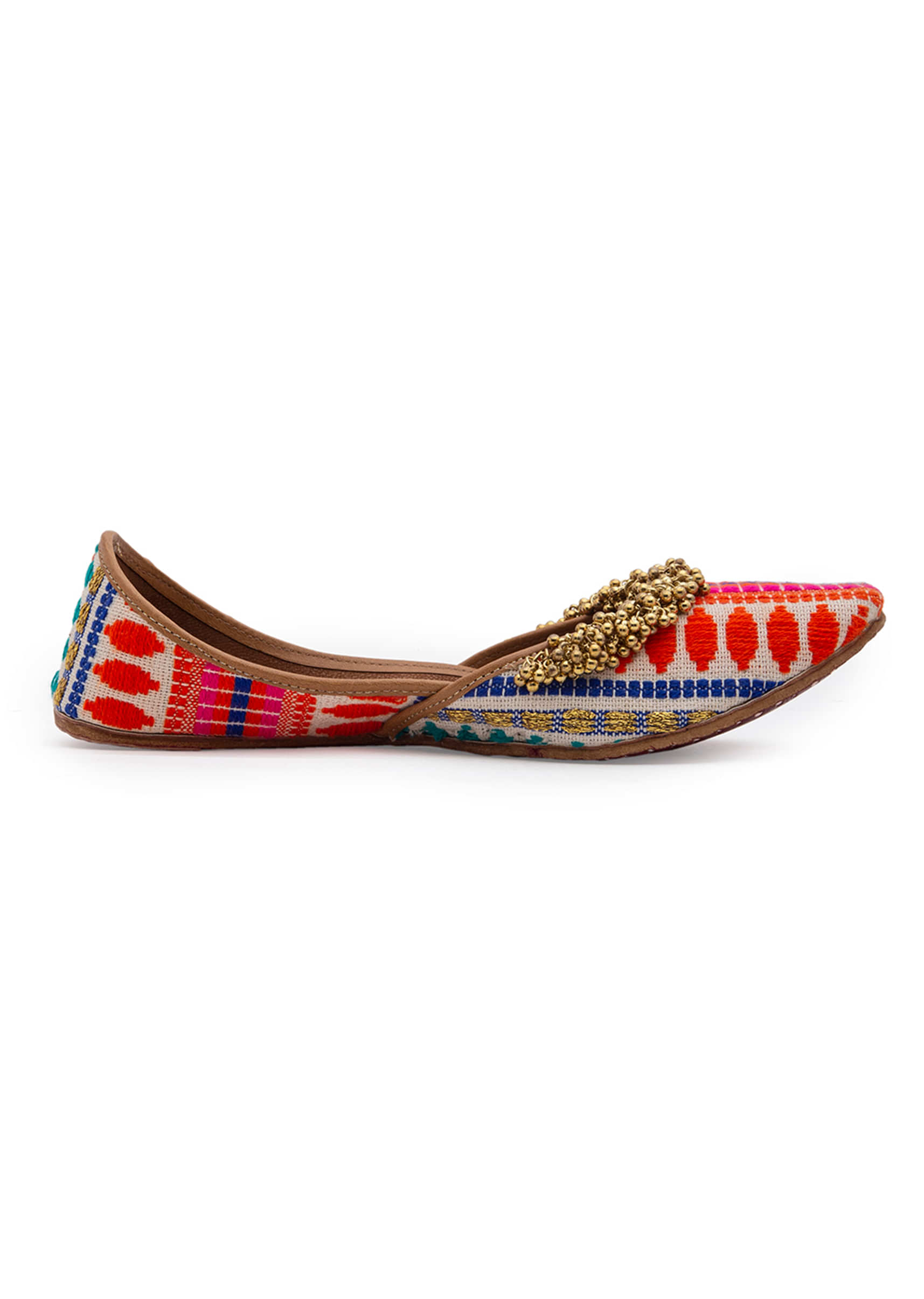 Multi Colored Juttis In Jacquard With Ethnic Print And Tiny Ghungroos By 5 Elements