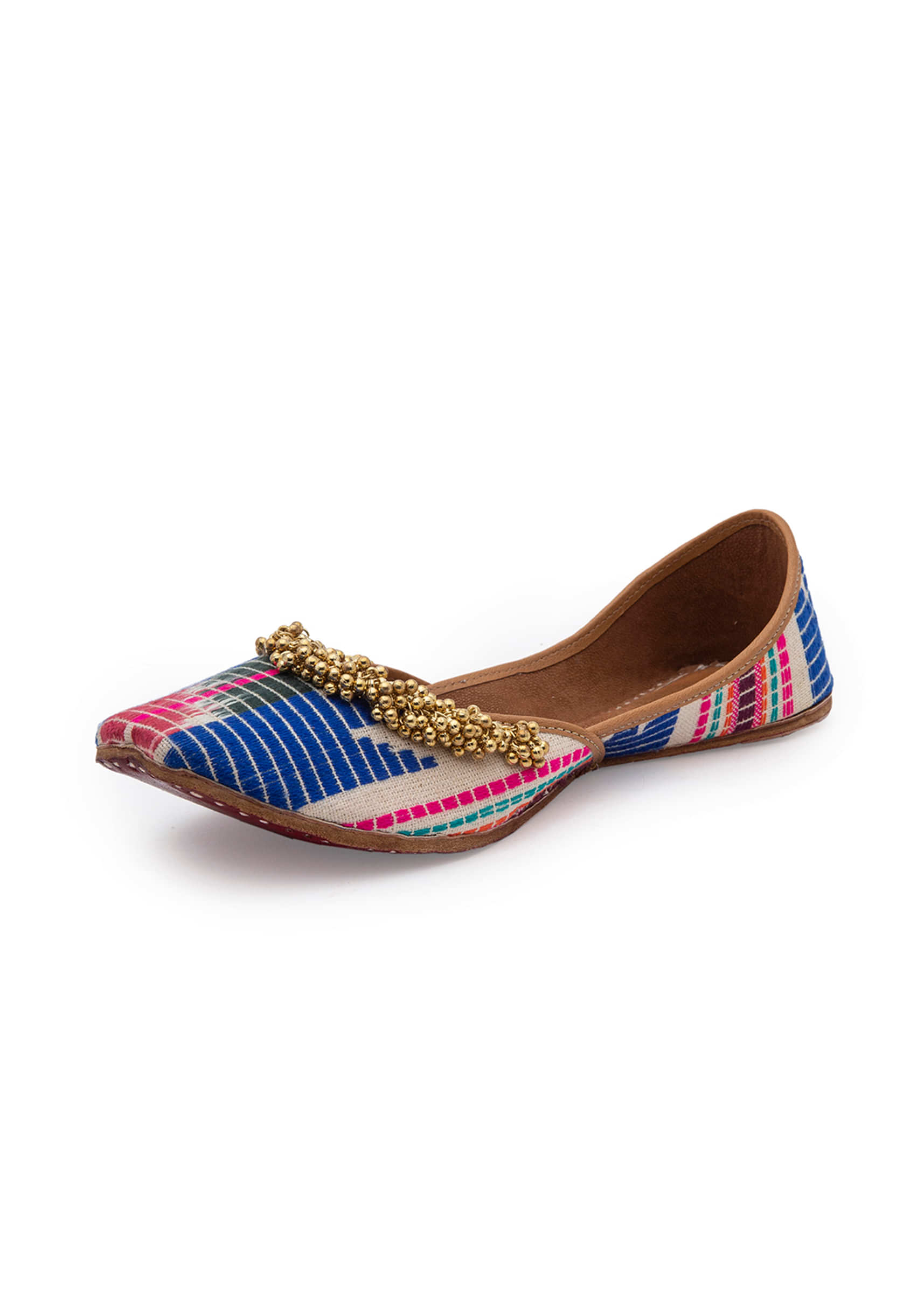 Multi Colored Juttis In Jacquard With Tiny Ghungroos And Print By 5 Elements