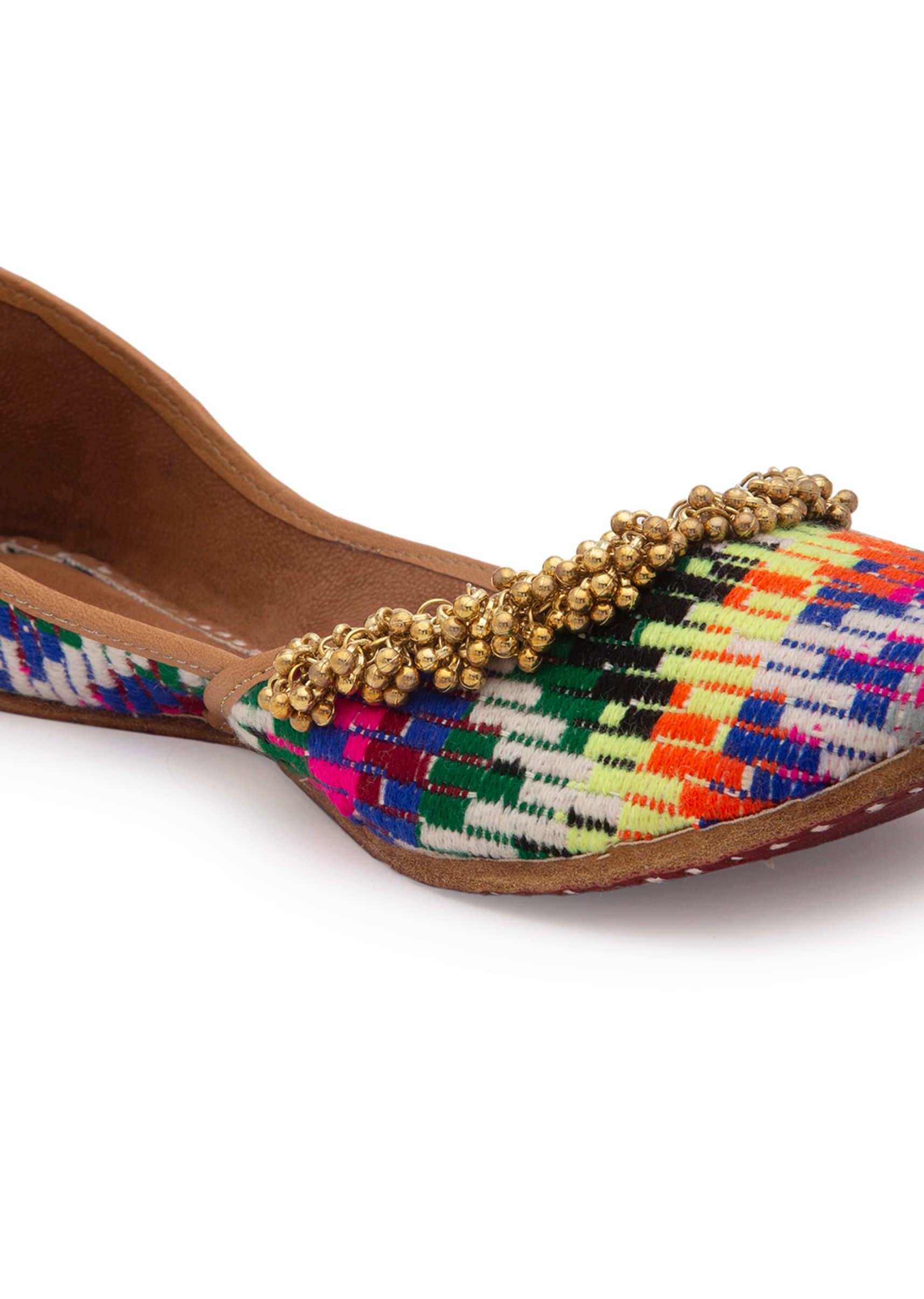 Multi Colored Juttis In Jacquard With Tiny Ghungroos By 5 Elements