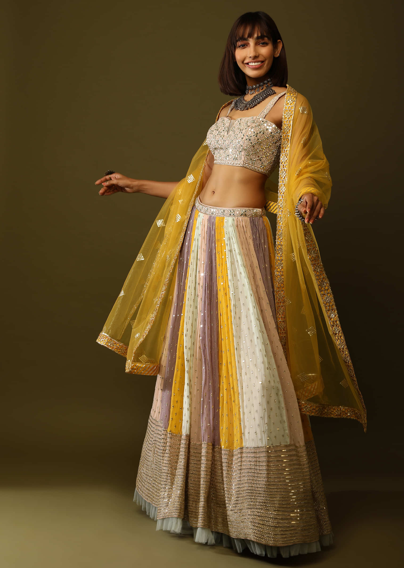 Multi Colored Kali Lehenga And Crop Top In Georgette With Sequins Embroidery  