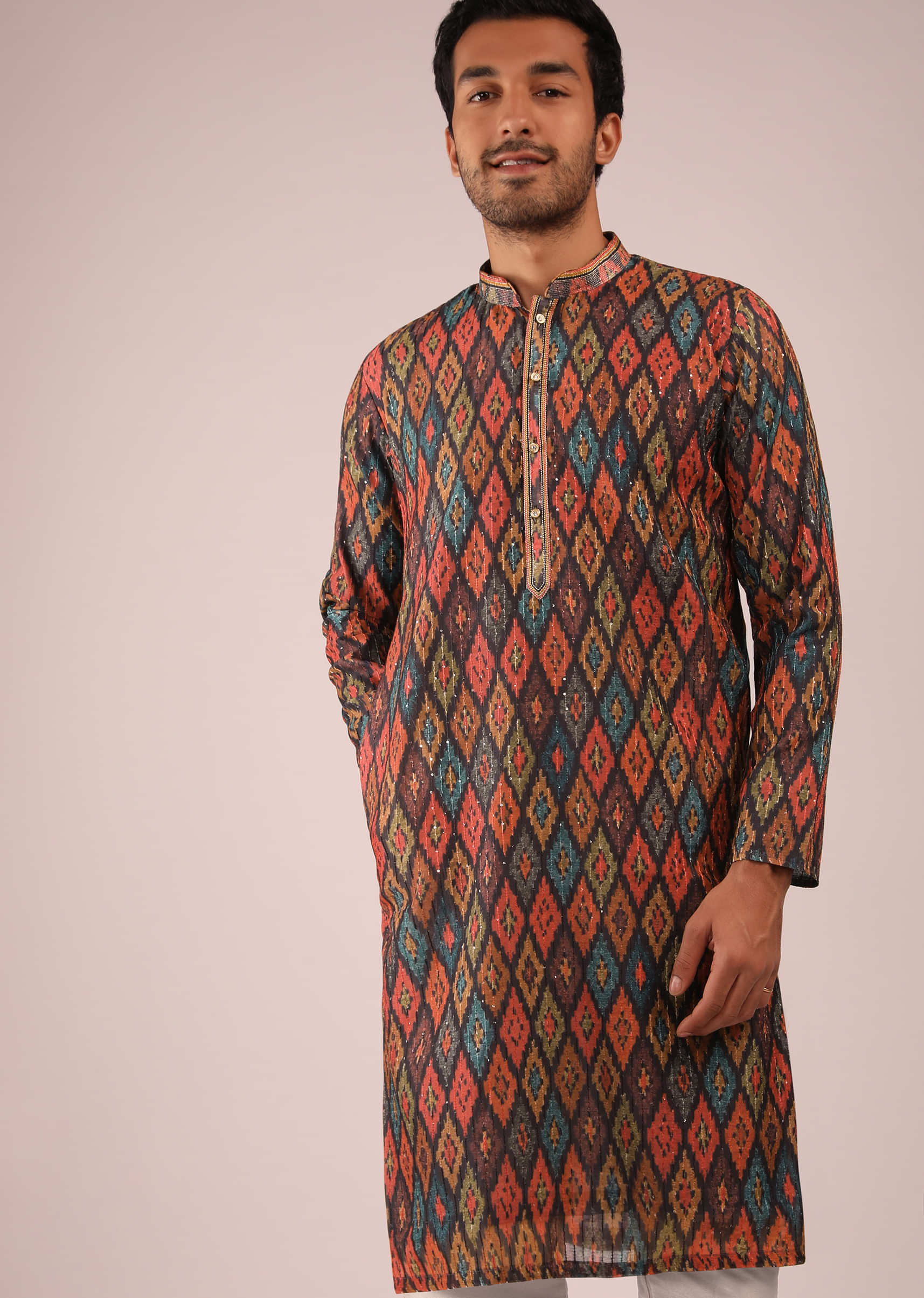 Multi Colored Kurta Set In Silk With Ikkat Printed Jaal And Sequin Accents