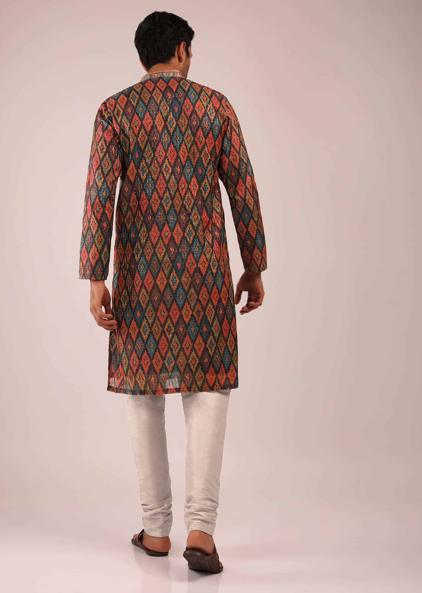 Multi Colored Kurta Set In Silk With Ikkat Printed Jaal And Sequin Accents