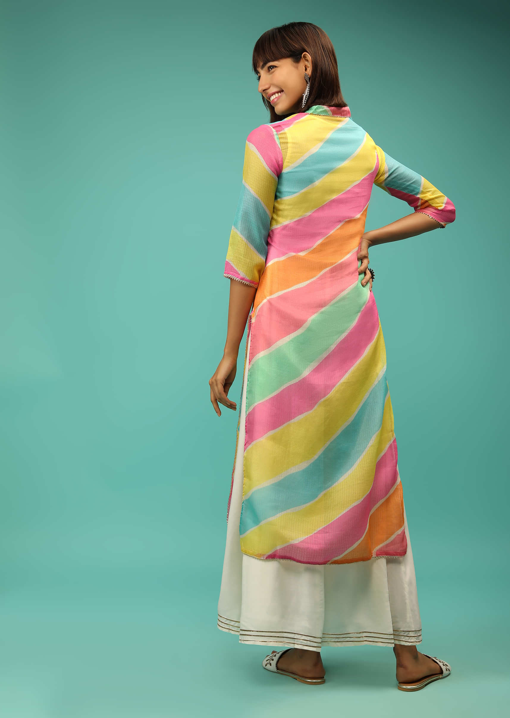 Multi Colored Kurta Set With Lehariya Print And Mirror Abla Embroidery 