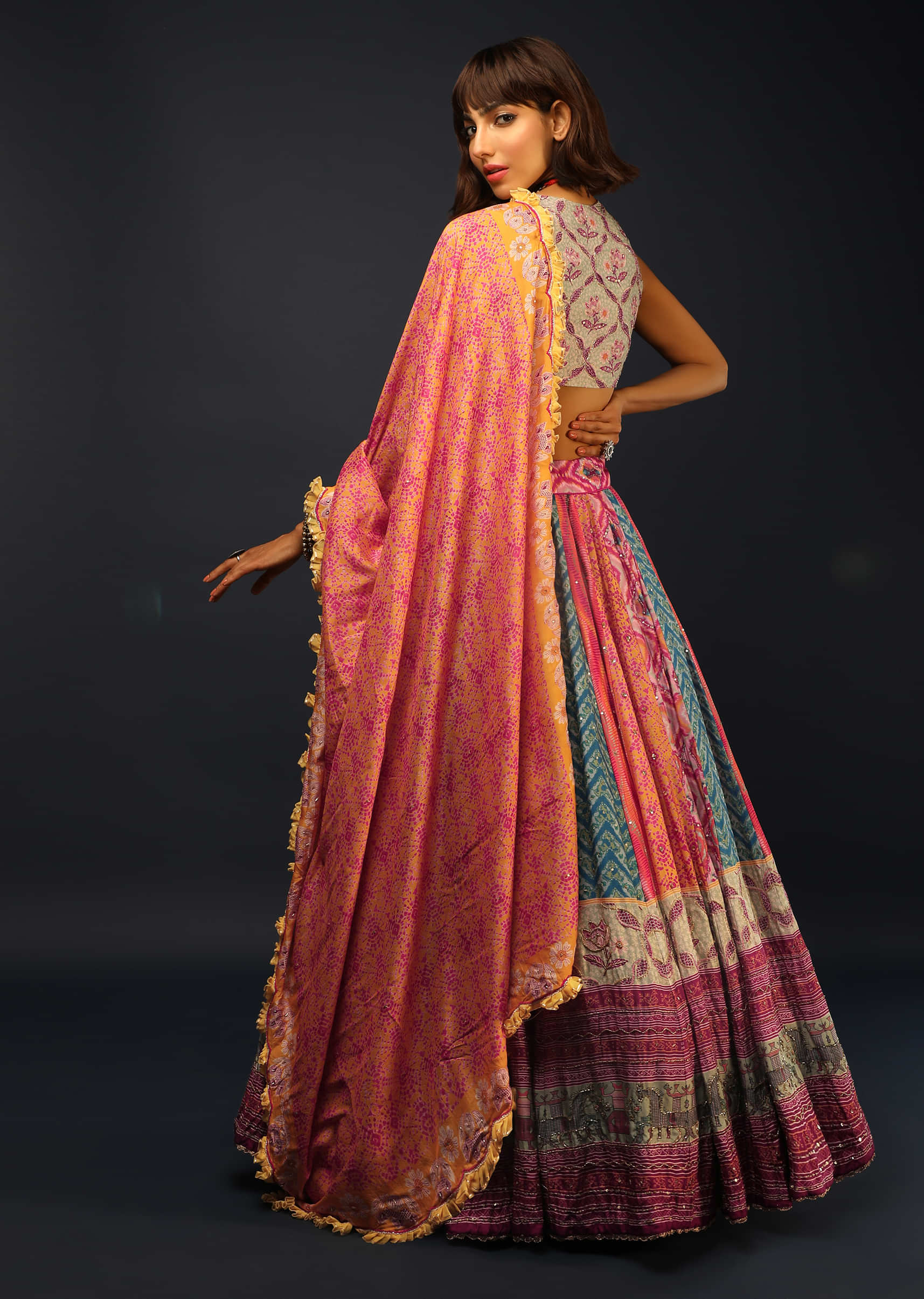Multi Colored Lehenga In Silk With Assorted Printed Kalis And Hand Embroidery Detailing 