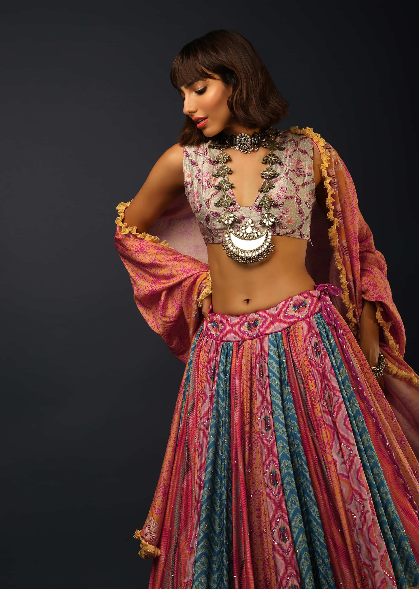Multi Colored Lehenga In Silk With Assorted Printed Kalis And Hand Embroidery Detailing 