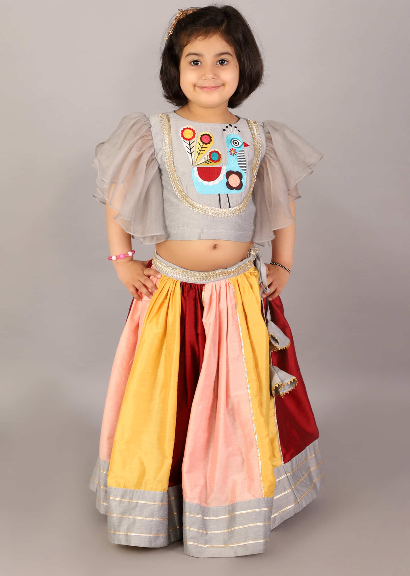 Kalki Girls Multi Colored Lehenga With Gotta Border And Grey Embroidered Blouse With Organza Ruffles