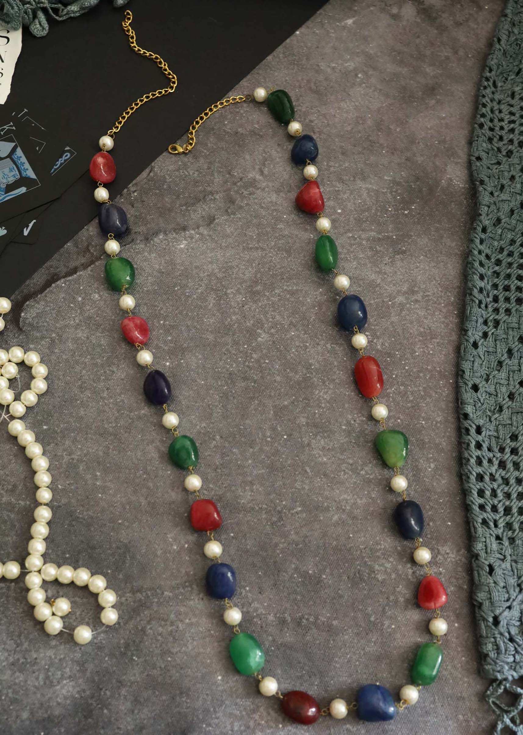 Multi Colored Long Necklace With Alternating Stones And Pearls