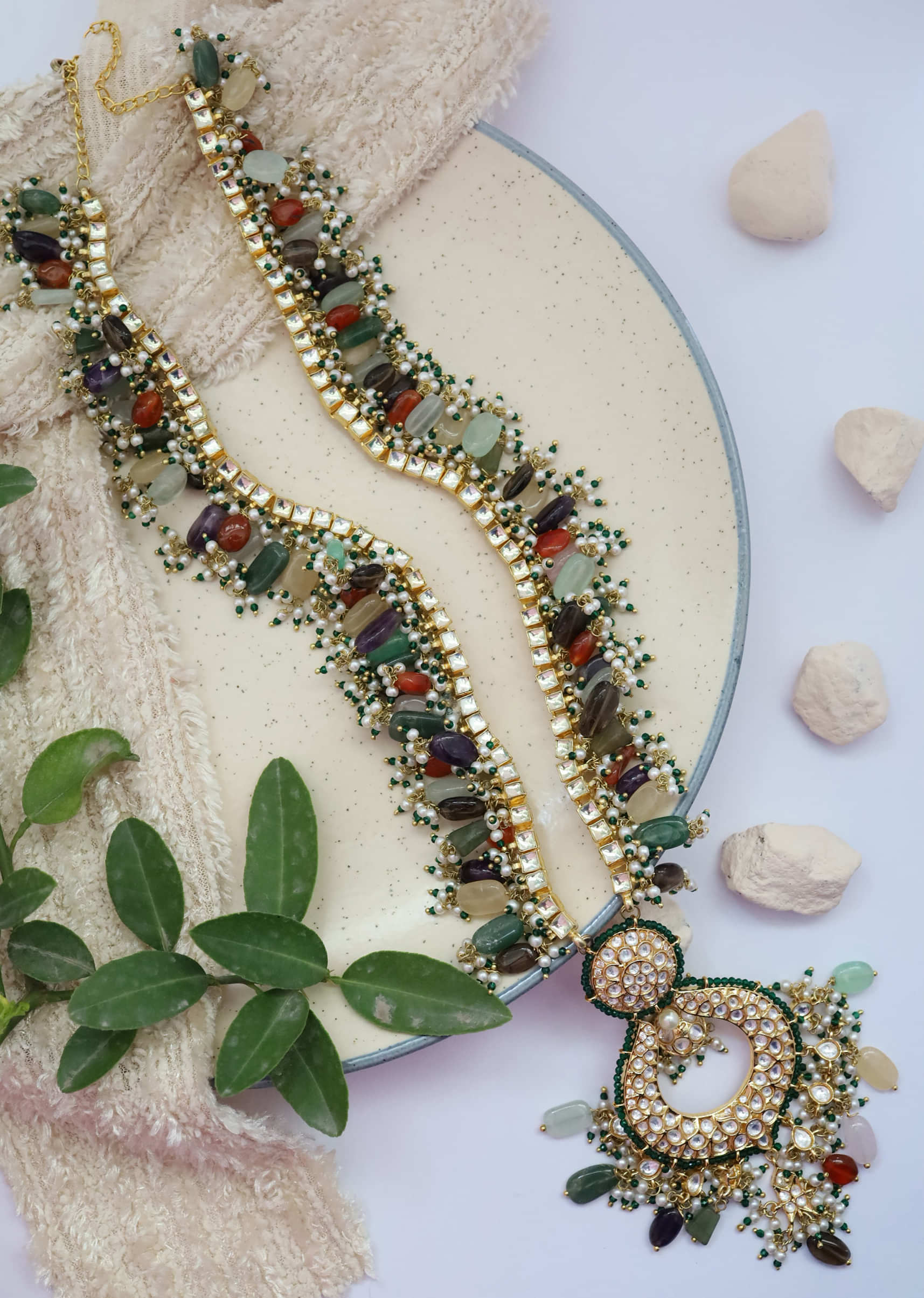 Multi Colored Necklace With Kundan Pendant. Tumble Stones And Pearls By Paisley Pop