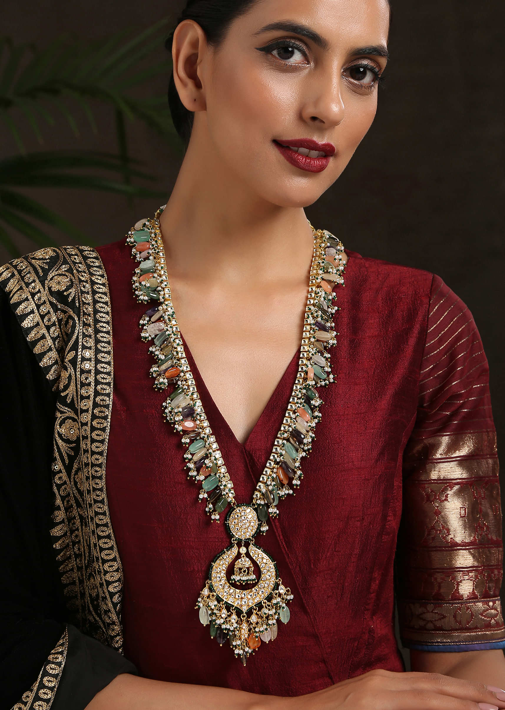 Multi Colored Necklace With Kundan Pendant. Tumble Stones And Pearls By Paisley Pop