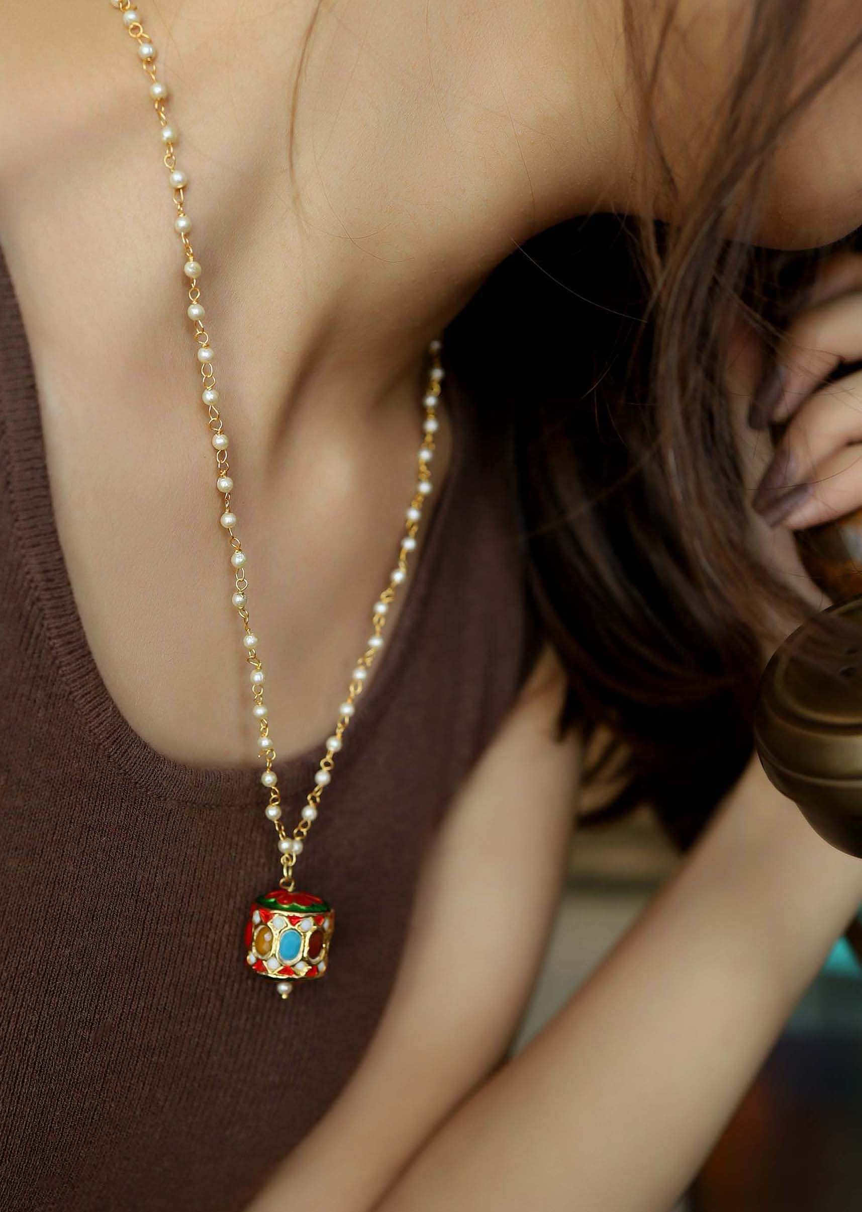 Multi Colored Necklace With Pearl Chain And Intricate Navratna Pendant In The Centre