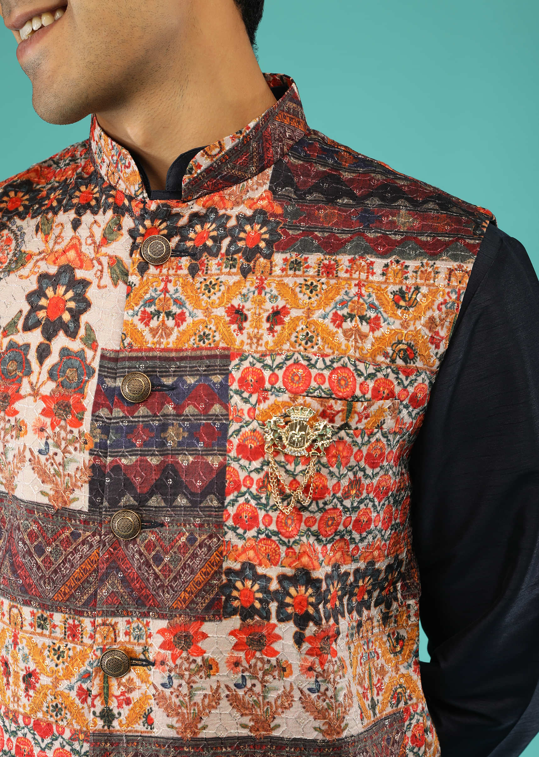 Multi Colored Nehru Jacket In Silk With Jaipuri Print And Midnight Blue Kurta Set