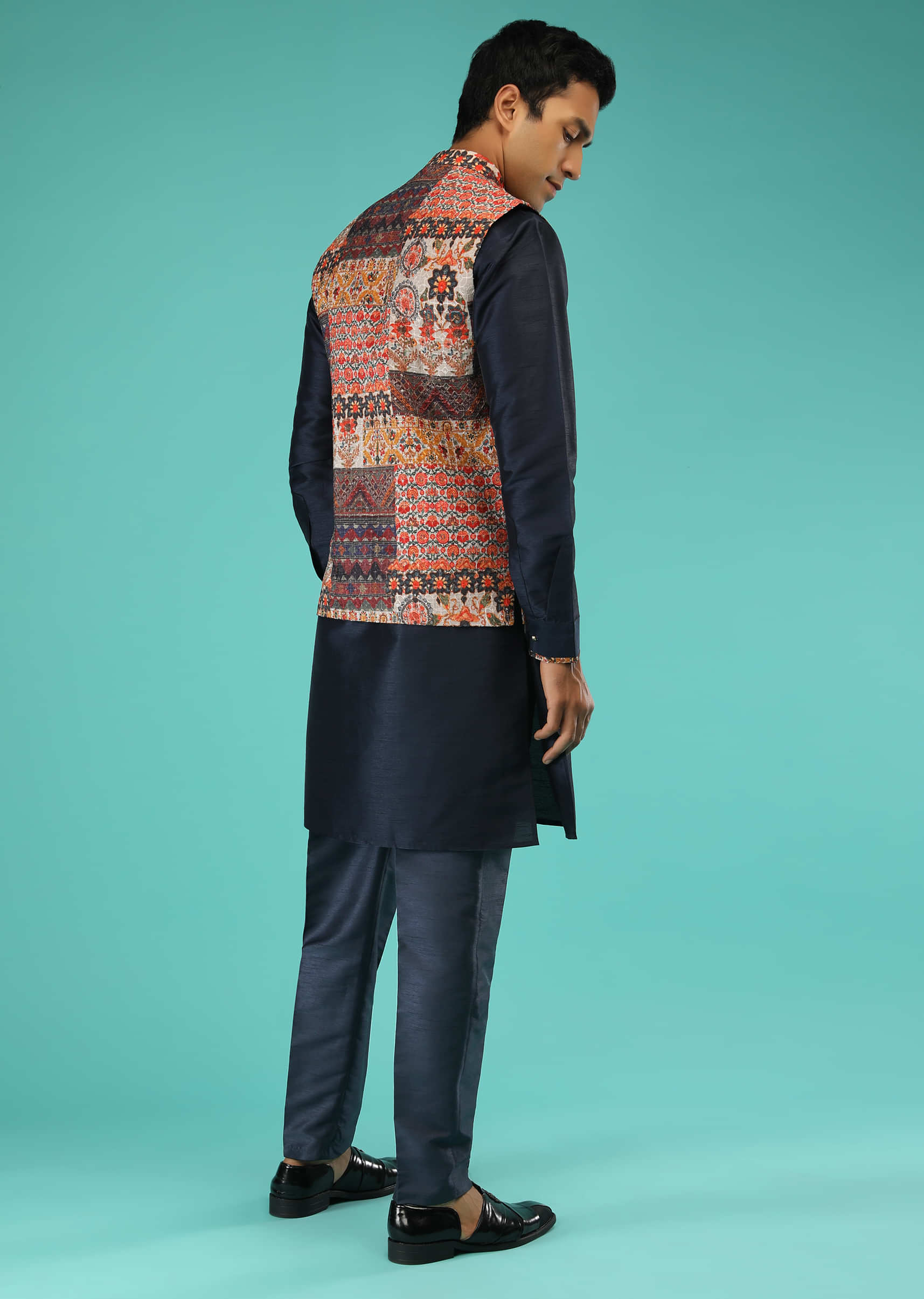 Multi Colored Nehru Jacket In Silk With Jaipuri Print And Midnight Blue Kurta Set