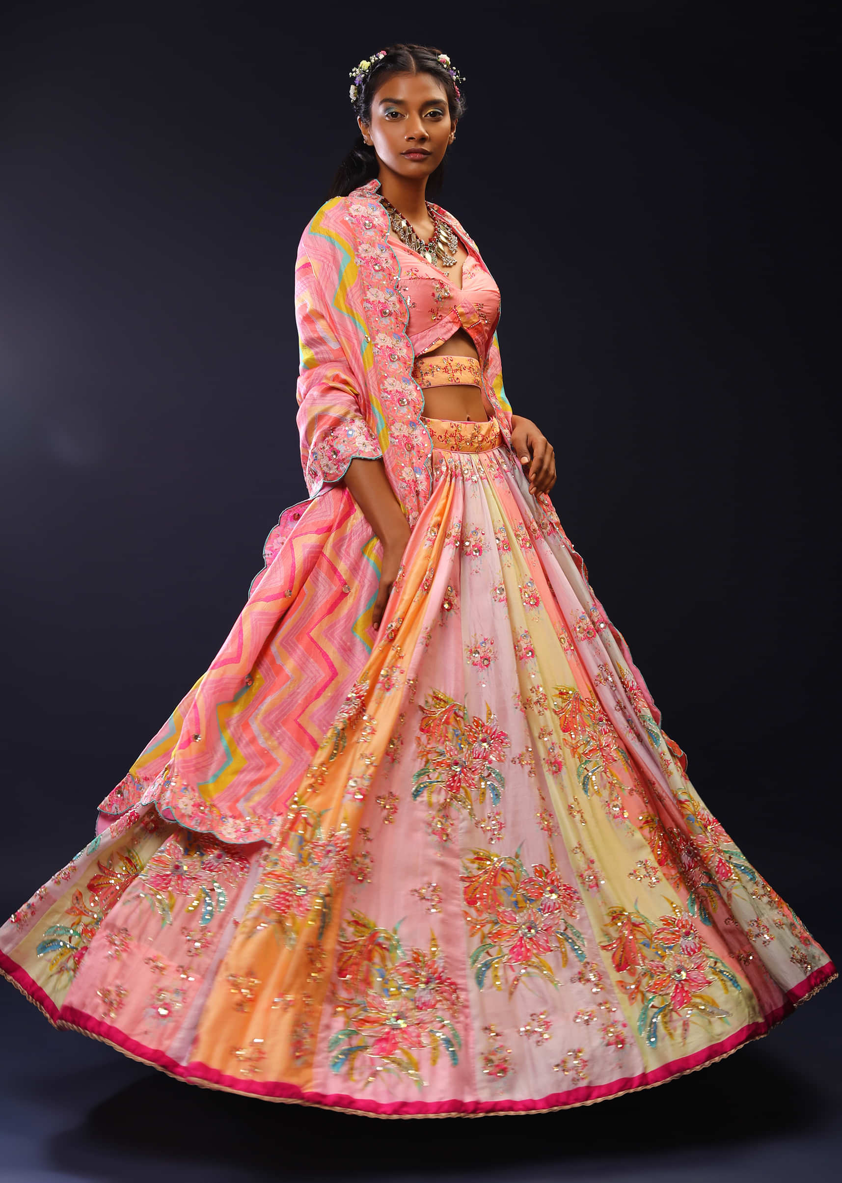 Multi Colored Panel Lehenga In Pastel Hues With Floral Print And Gotta Lace Embroidery