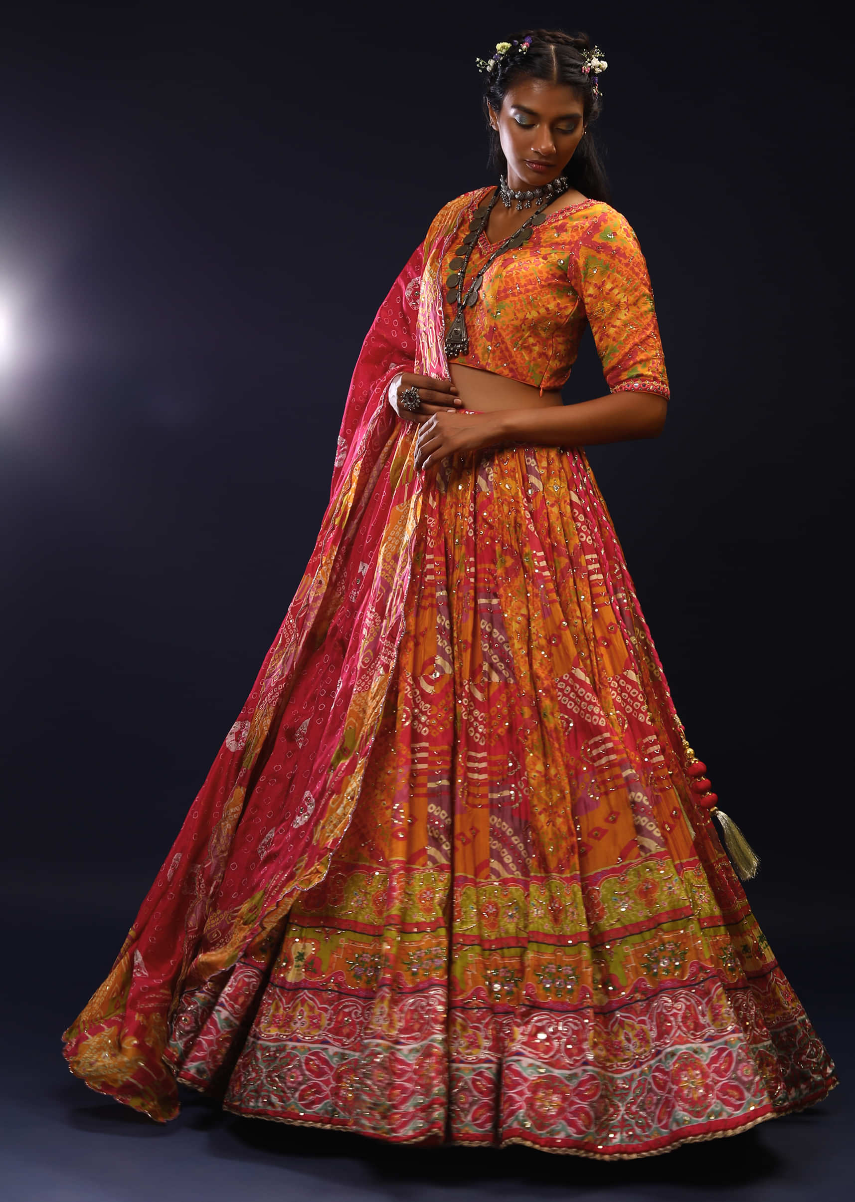 Multi Colored Panelled Lehenga Choli With Jaipuri Tie Dye And Floral Print