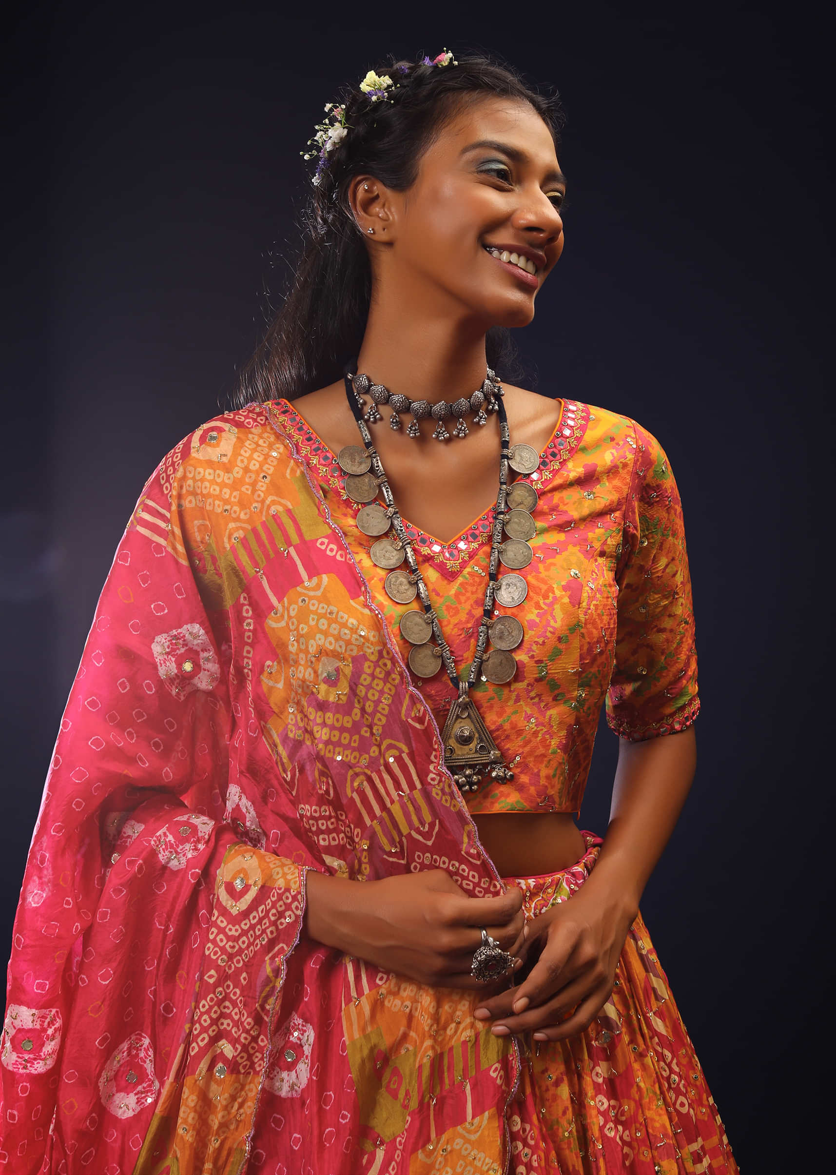 Multi Colored Panelled Lehenga Choli With Jaipuri Tie Dye And Floral Print