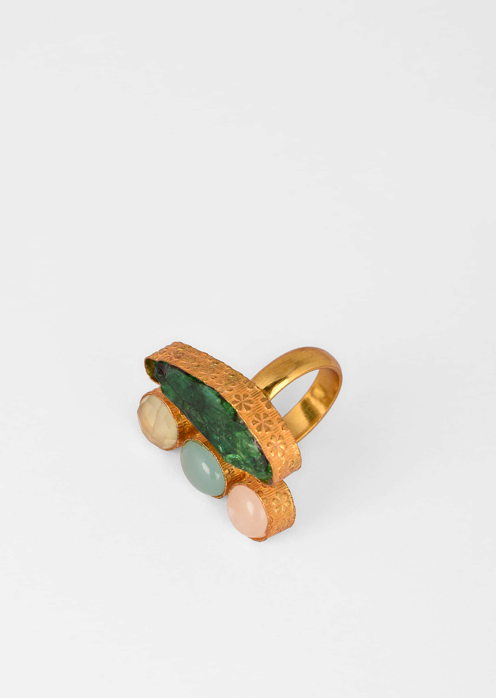 Multi Colored Ring With Abstract Green Semi Precious Stone And Tiny Stones In Pastel Hues 