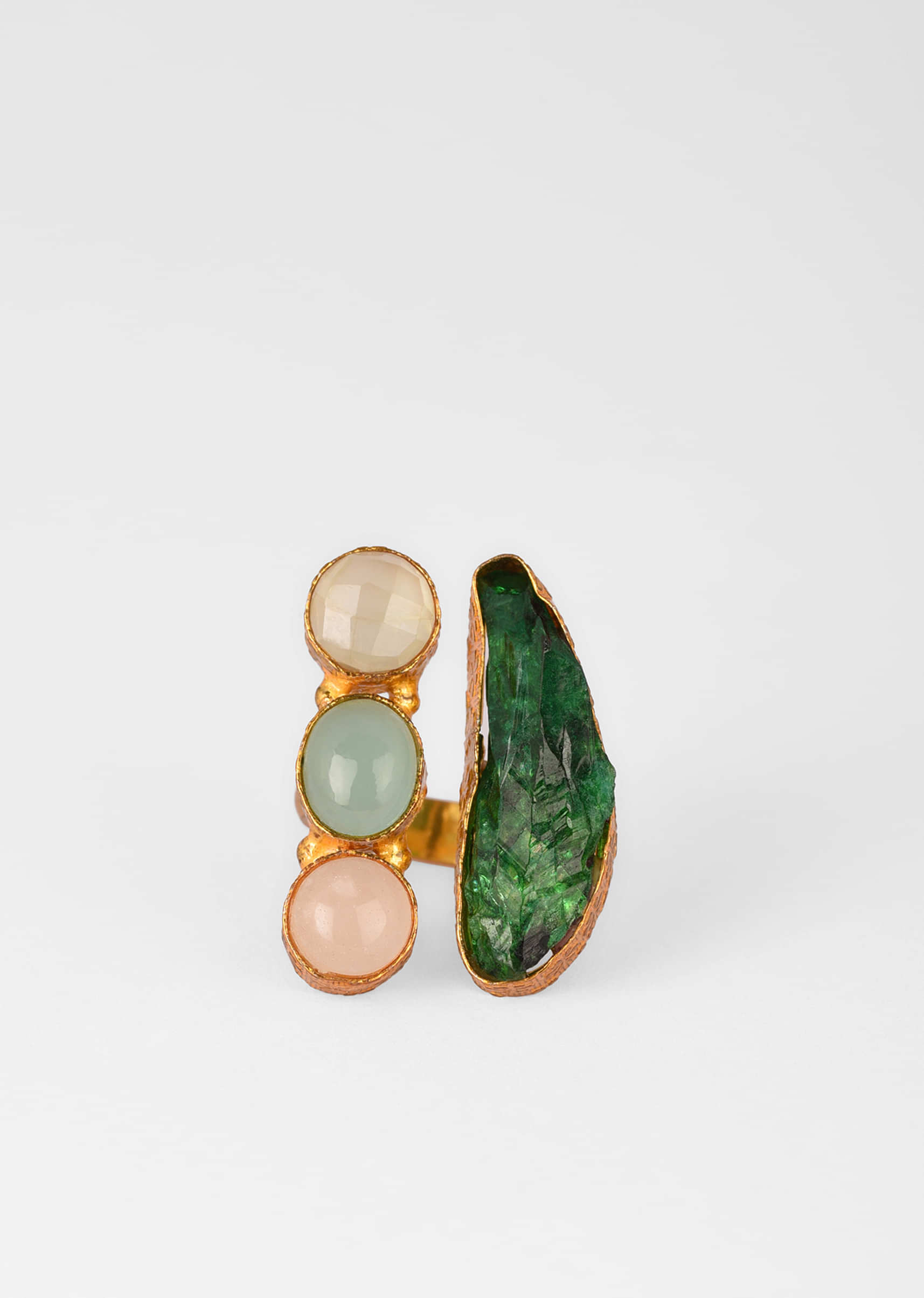 Multi Colored Ring With Abstract Green Semi Precious Stone And Tiny Stones In Pastel Hues 