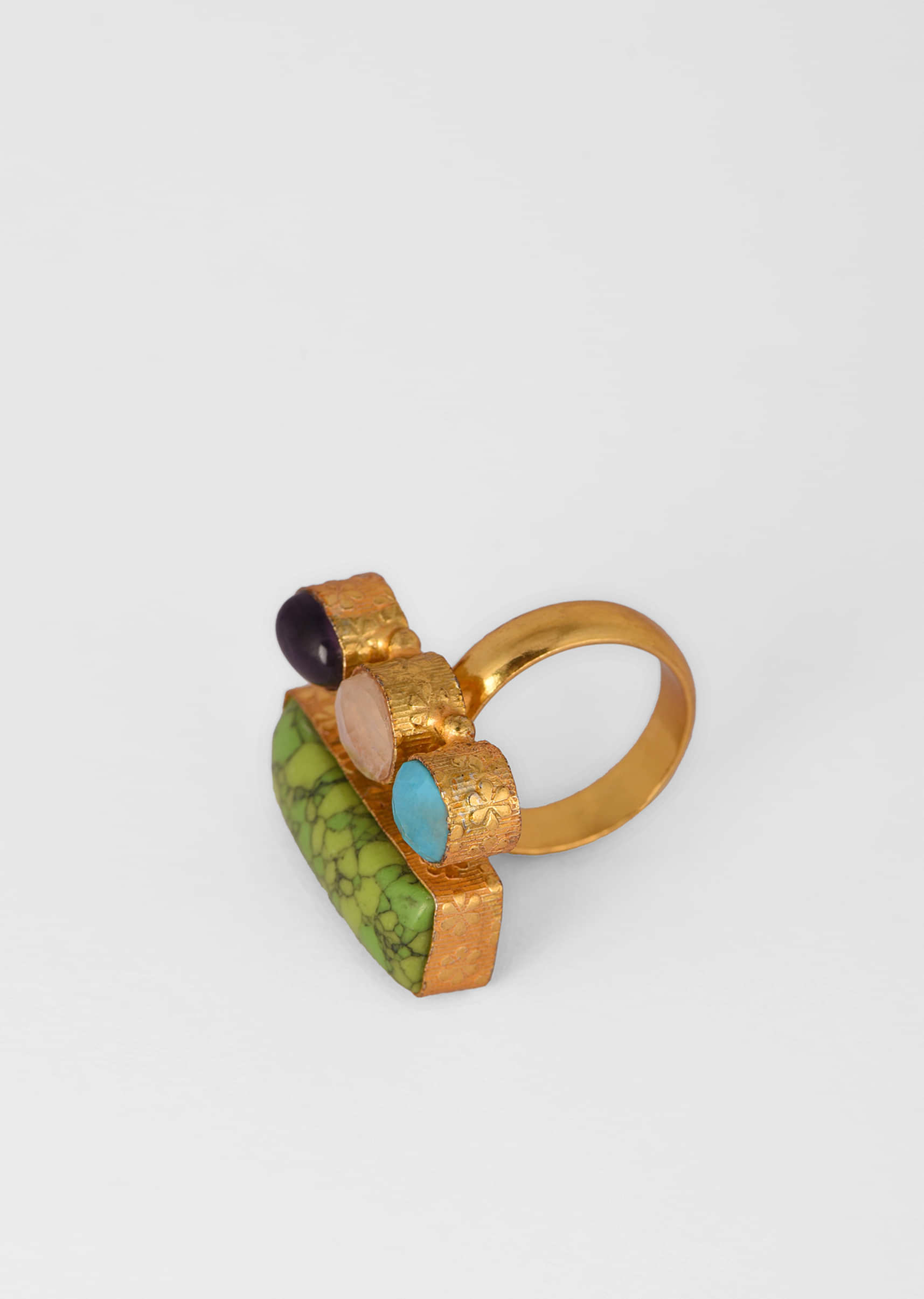 Multi Colored Ring With Semi Precious Stones In Green, Blue, White And Purple 
