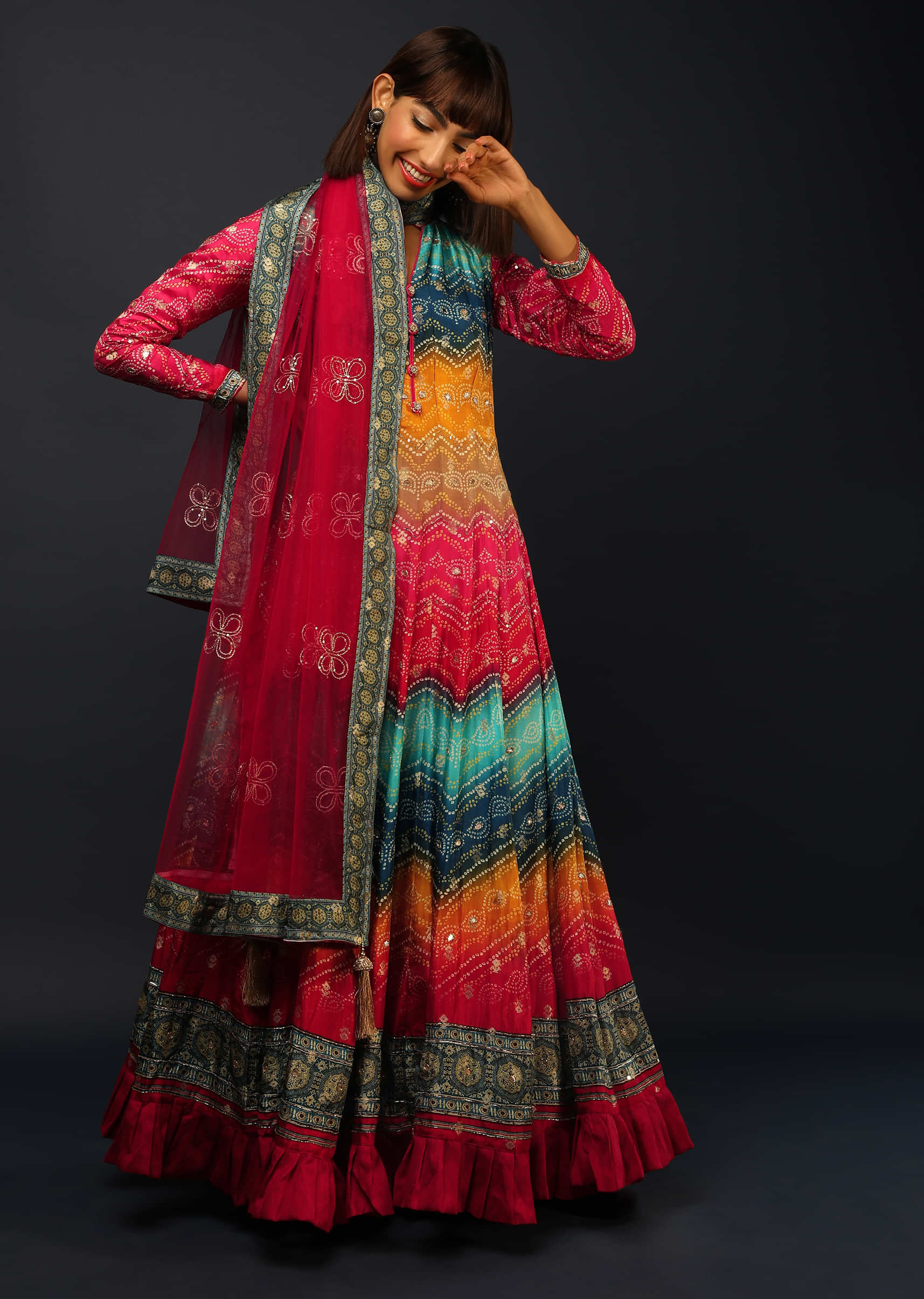 Multi Colored Shaded Anarkali Suit In Brocade Silk With Bandhani Print All Over  