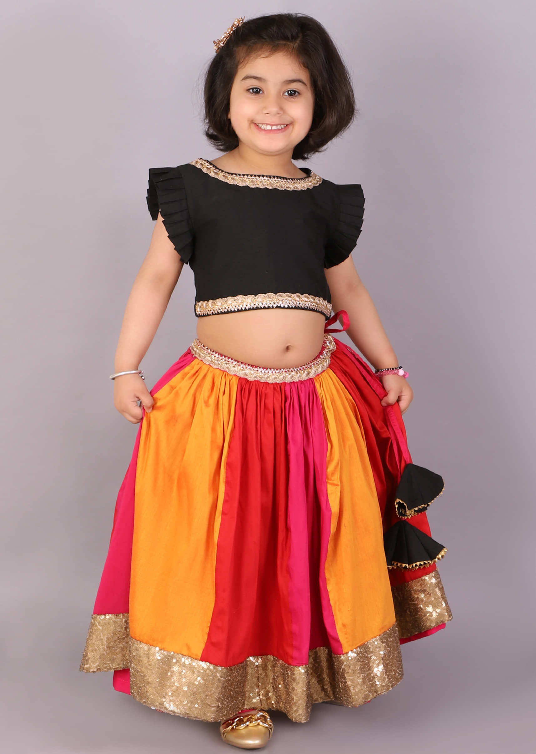 Kalki Girls Multi Colored Skirt With Sequins Border And Black Crop Top