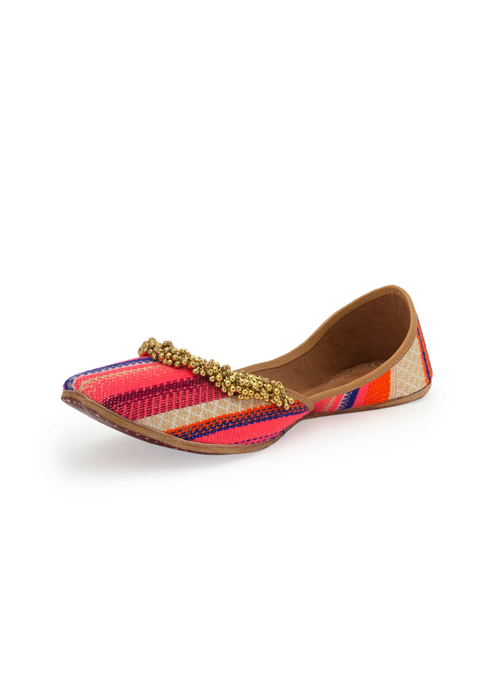 Multi Colored Striped Juttis In Jacquard With Tiny Ghungroos By 5 Elements