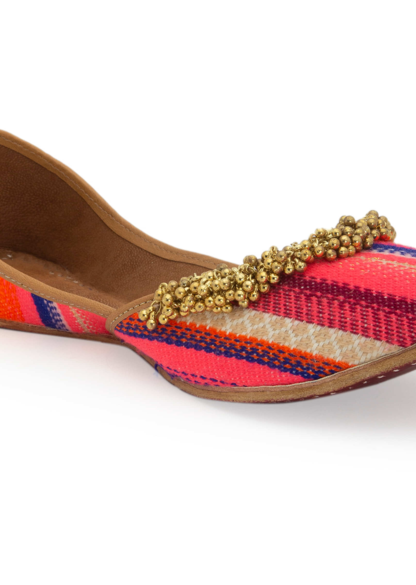 Multi Colored Striped Juttis In Jacquard With Tiny Ghungroos By 5 Elements