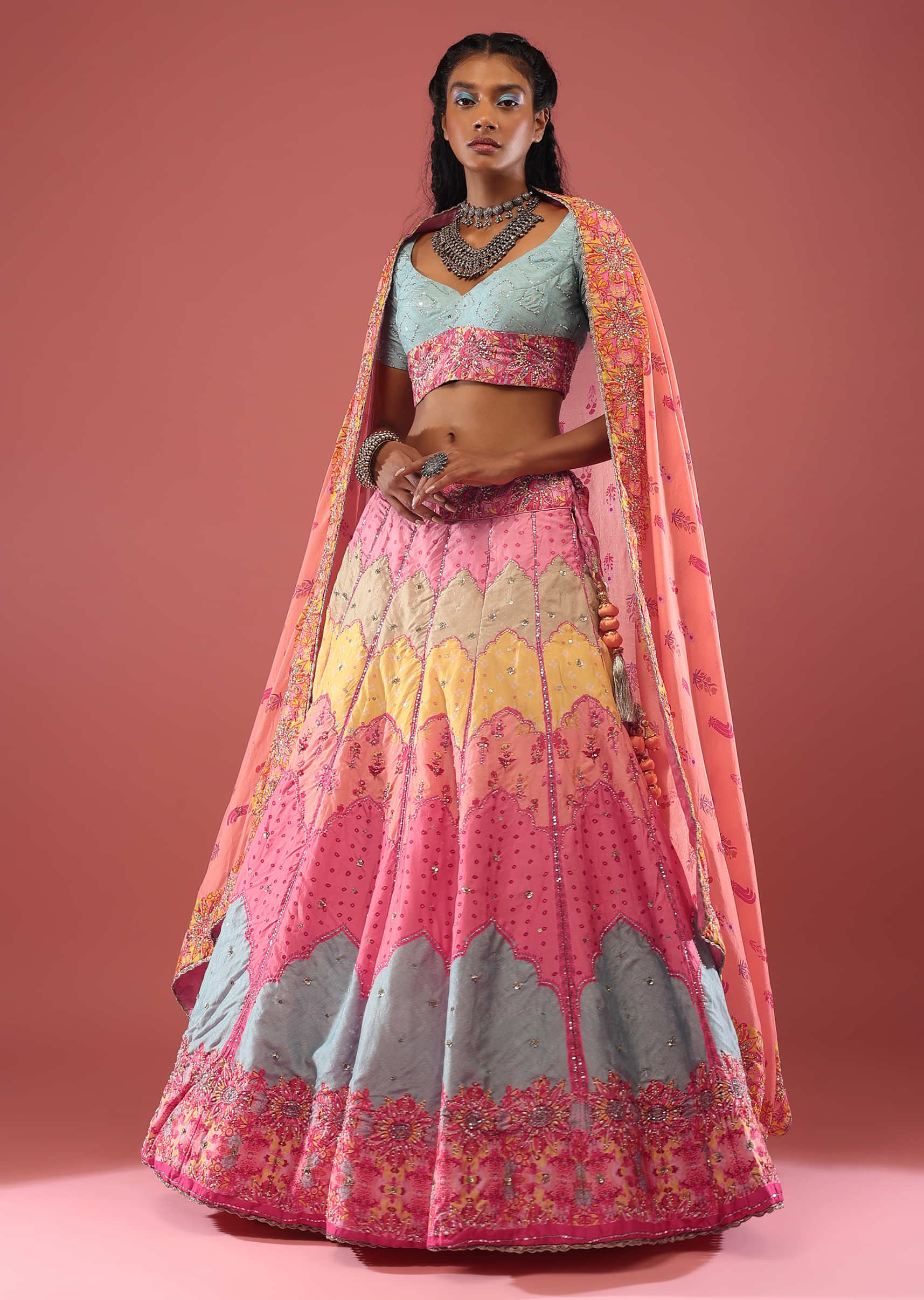 Multi Coloured Bandhani Print Lehenga Choli In Silk Inspired From Mughal Architecture And Hand Embroidery Detailing