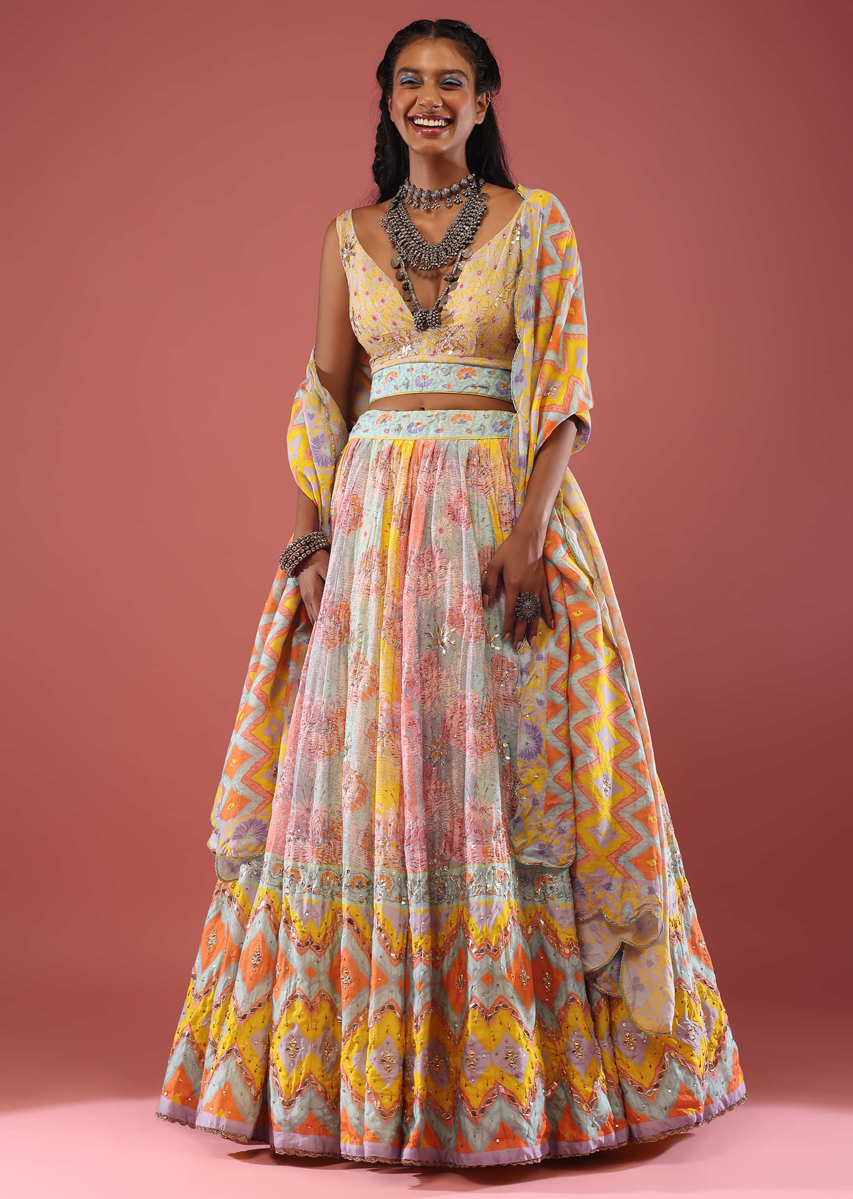 Multi Coloured Silk Lehenga With Hand Embroidery On The Skirt And Abstract Print