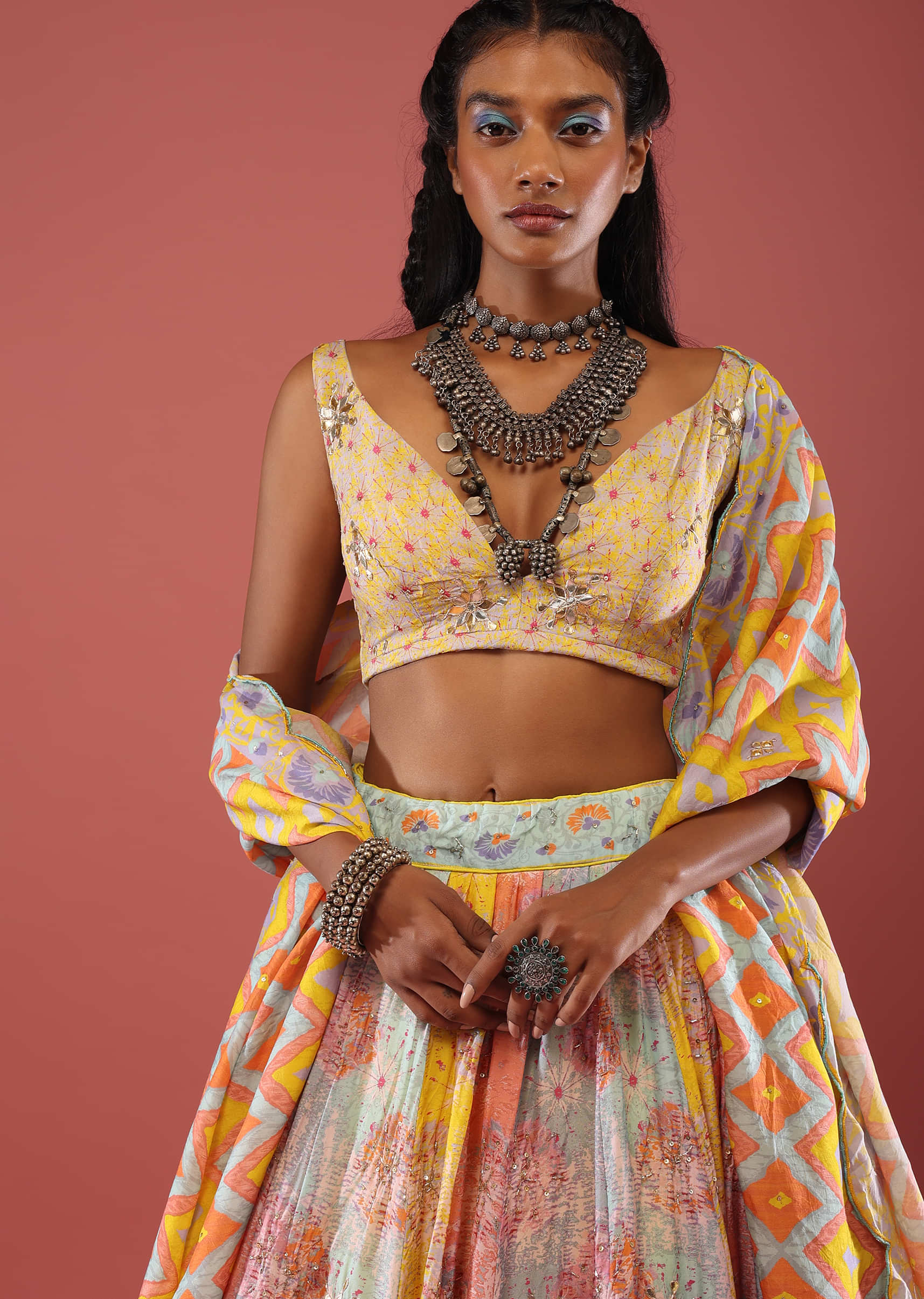 Multi Coloured Silk Lehenga With Hand Embroidery On The Skirt And Abstract Print