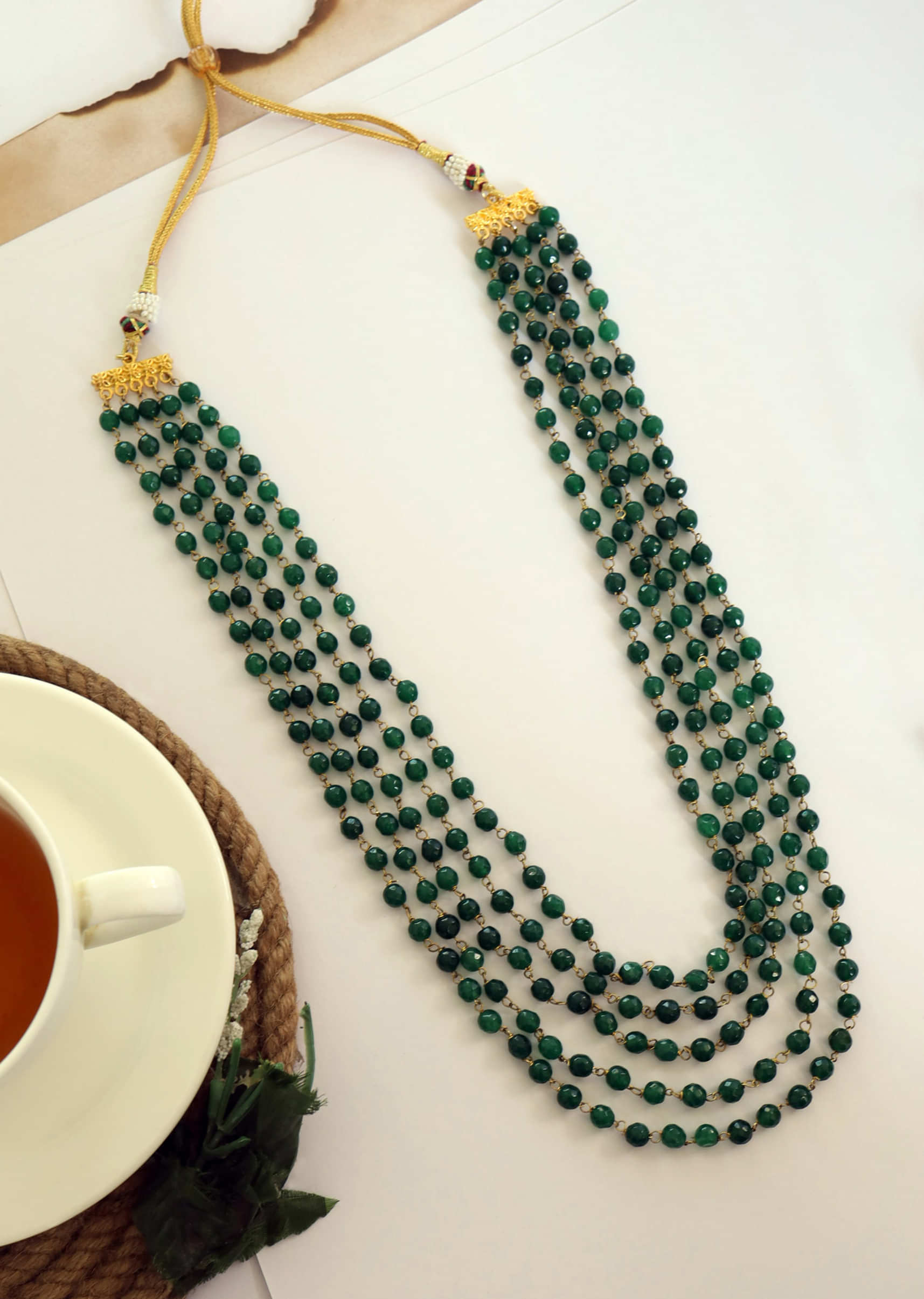 Multi Layered Necklace With Green Jade Stones By Paisley Pop