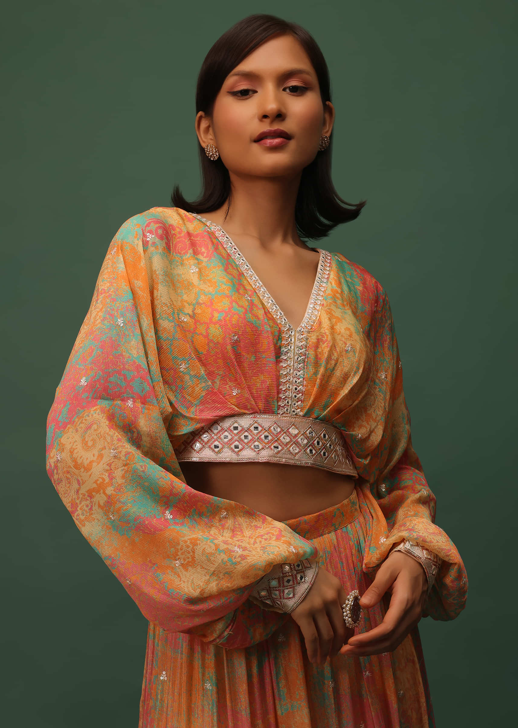 Multicolor Embroidered Crop Top And Palazzo Set In Chinon