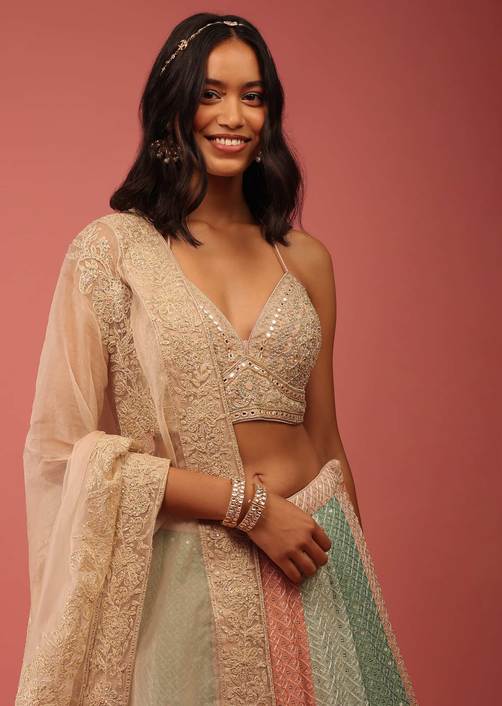 Peach Pink Lehenga And Crop Top Set In Georgette With Lucknowi Thread And Mirror Work