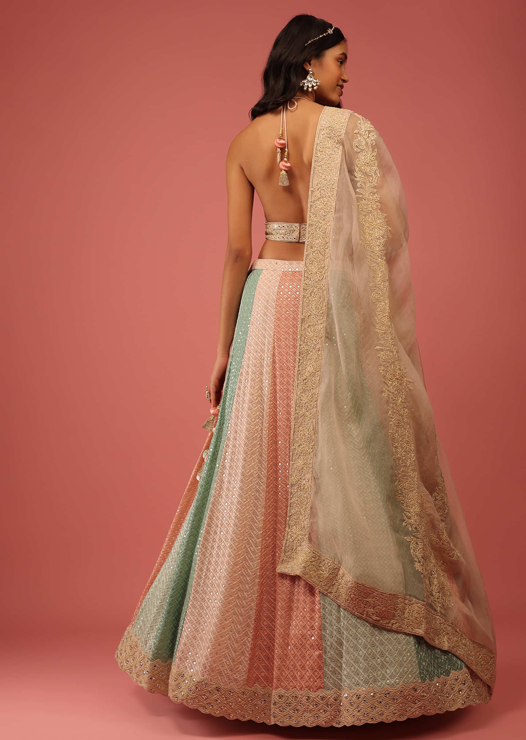 Peach Pink Lehenga And Crop Top Set In Georgette With Lucknowi Thread And Mirror Work