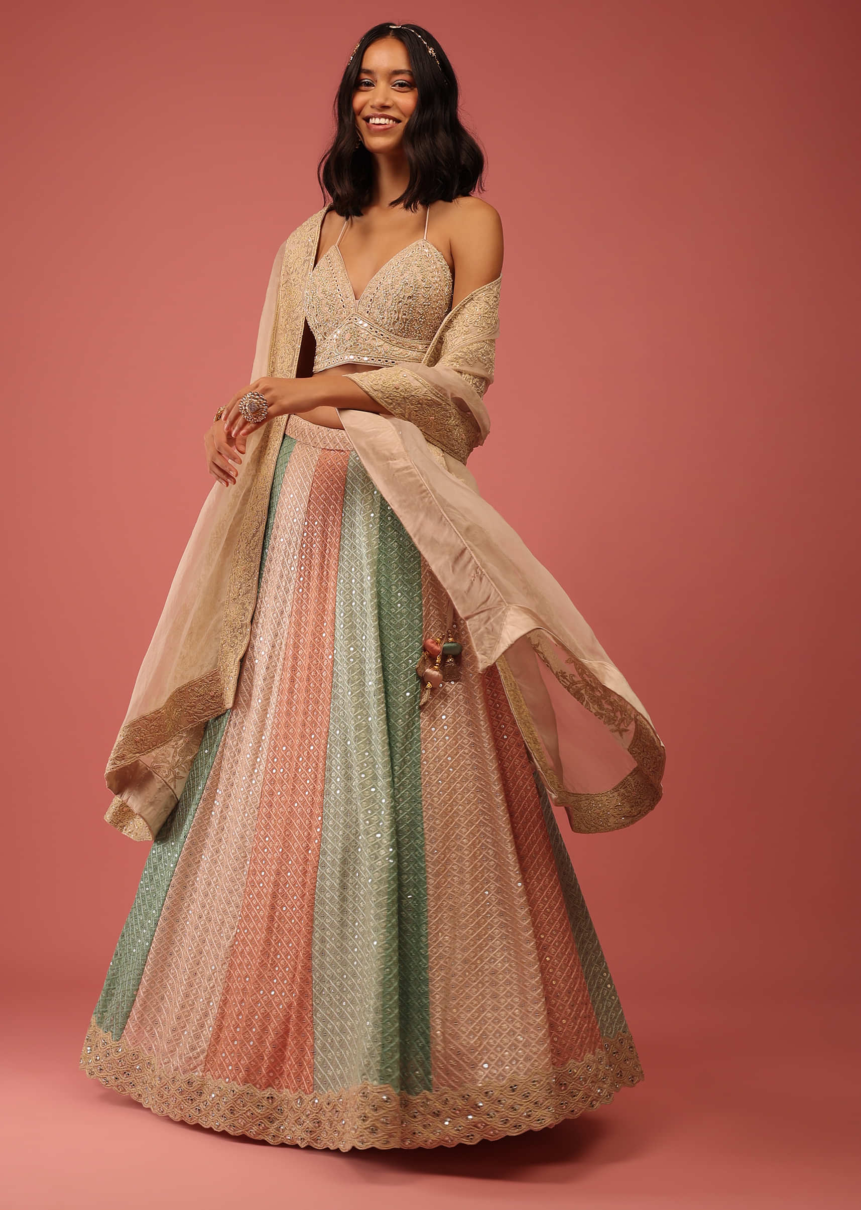 Peach Pink Bridal Designer Lehenga Set In Net SFZ92208 – Siya Fashions