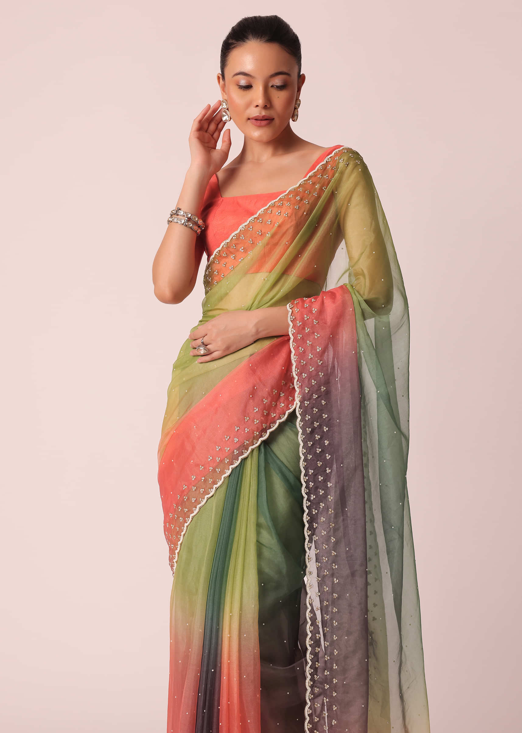 Attentive Multi color Silk Weave Saree With Sleeveless Blouse And