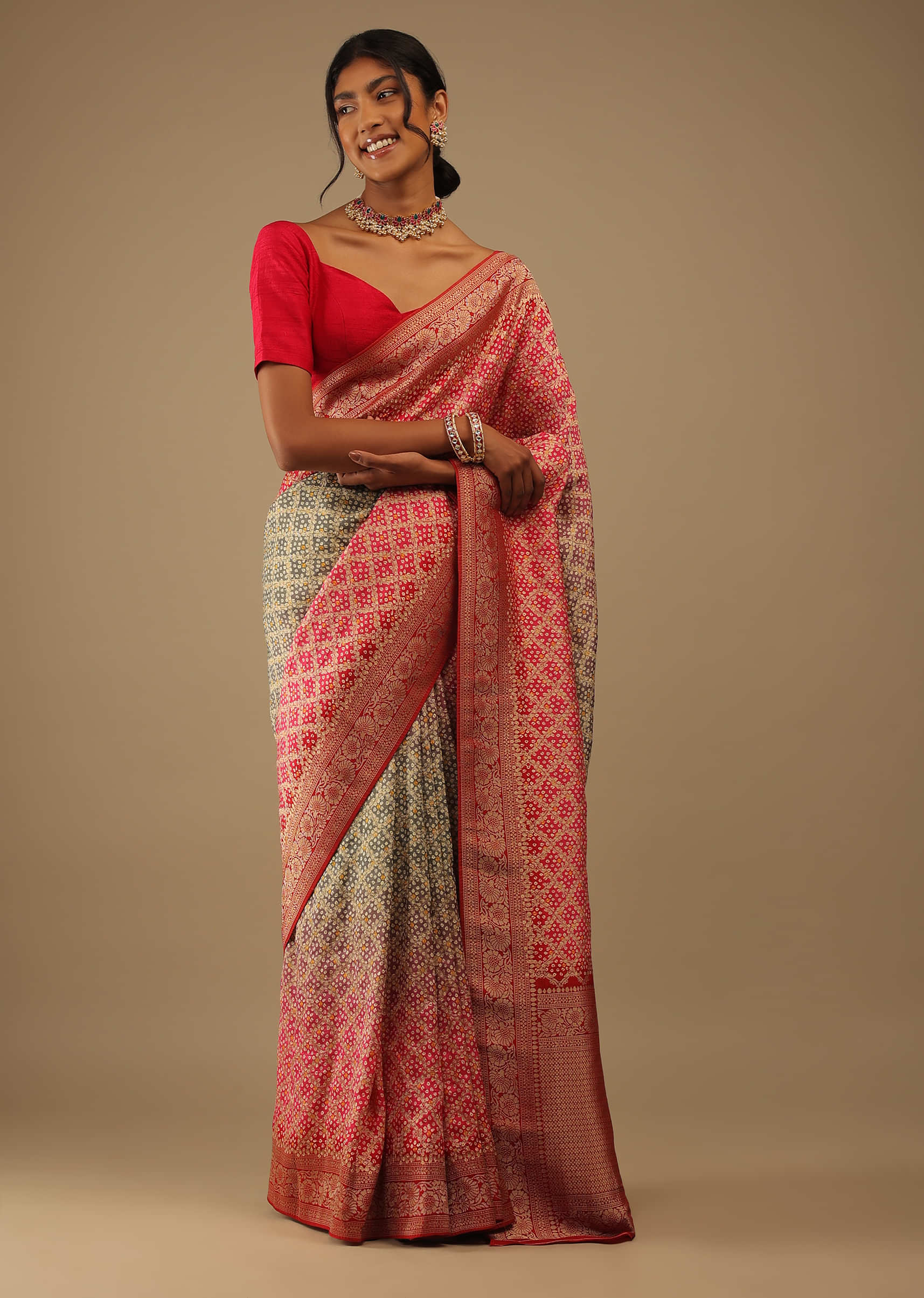 Multicolor Saree In Digital Bandhani Print With Zari Embroidery, Crafted In Brocade Silk With Golden Zari In Geometrical Moroccon Jaal