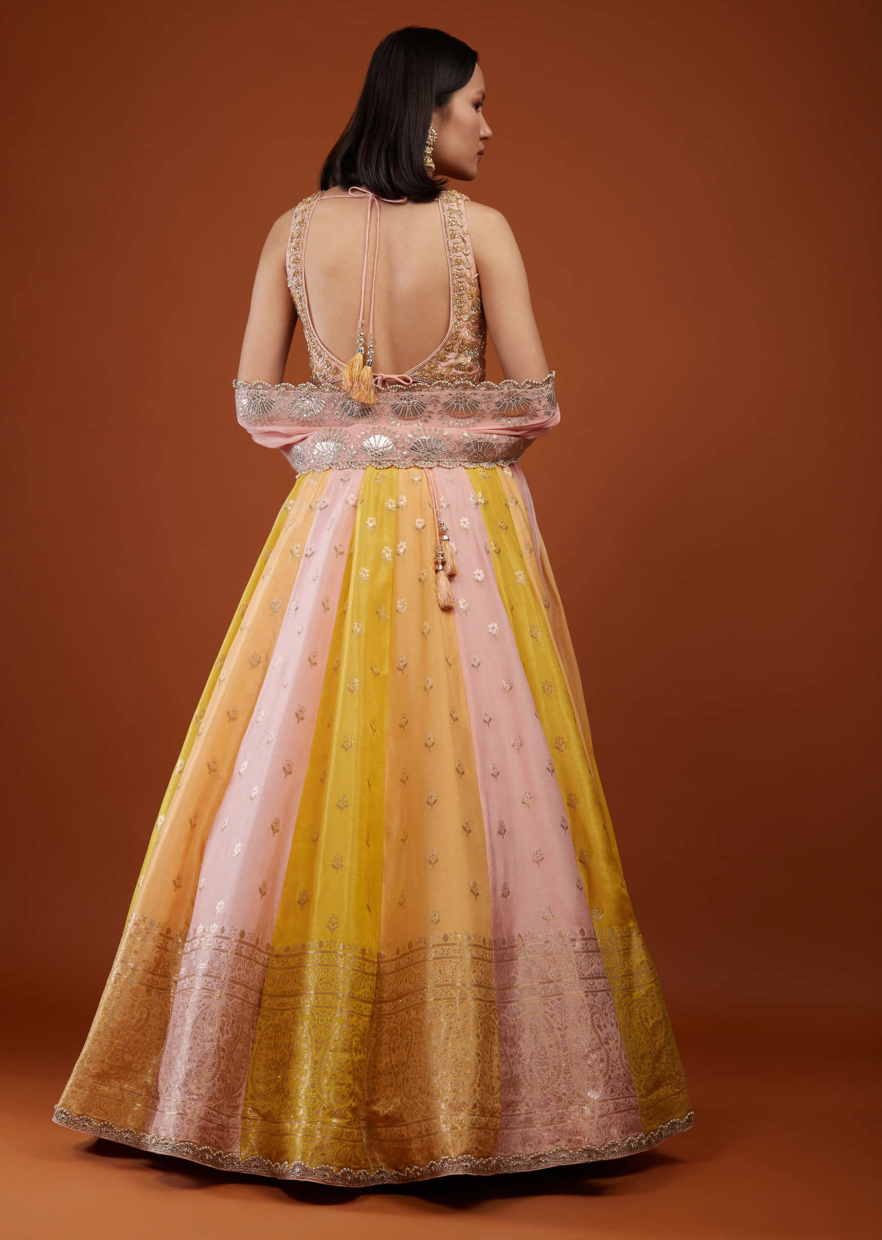 Multicolored Kali Lehenga Set With Embroidery In Silk