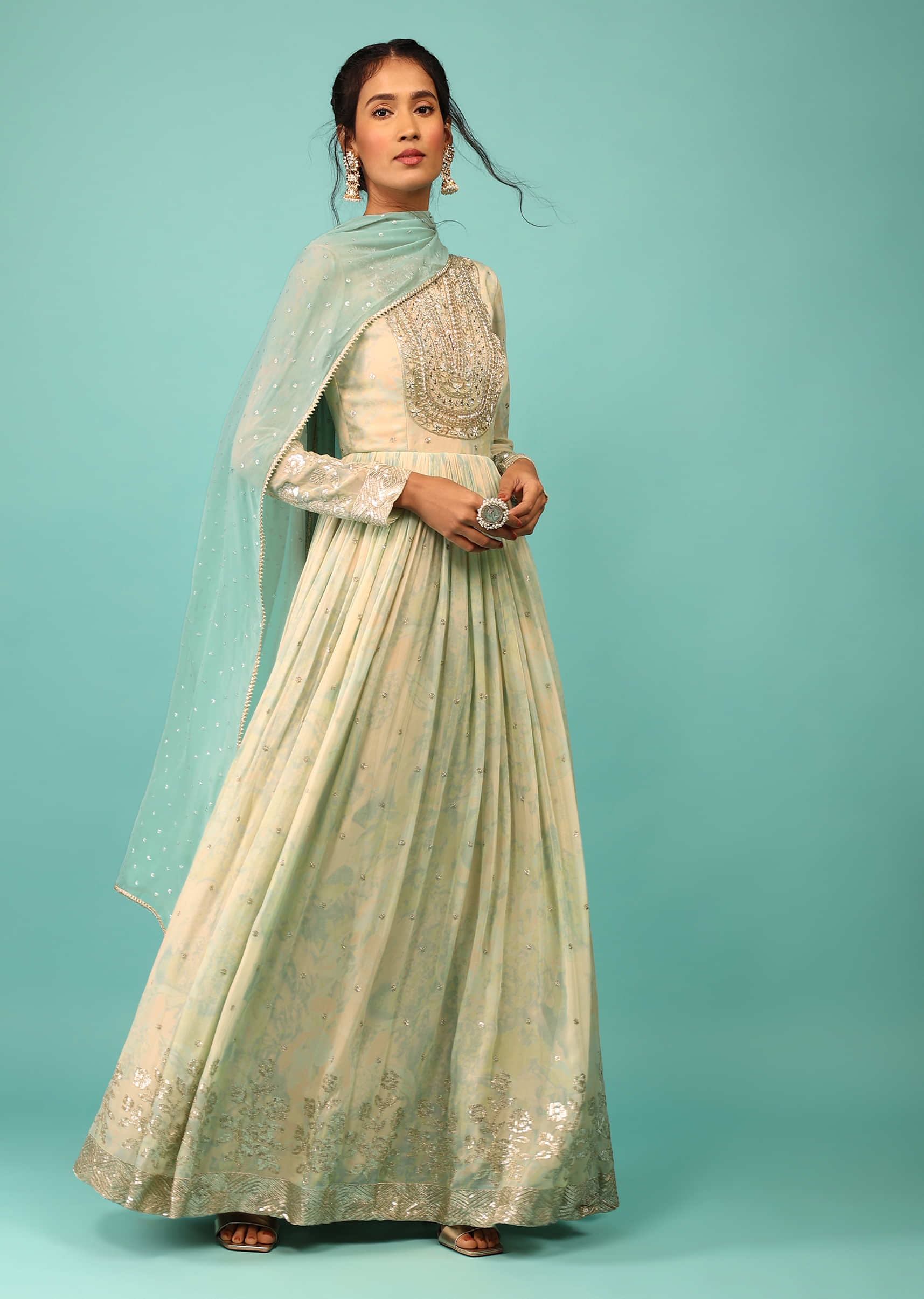 Multicoloured Anarkali Suit In Georgette With Floral Print, Embroidery And A Pastel Green Dupatta