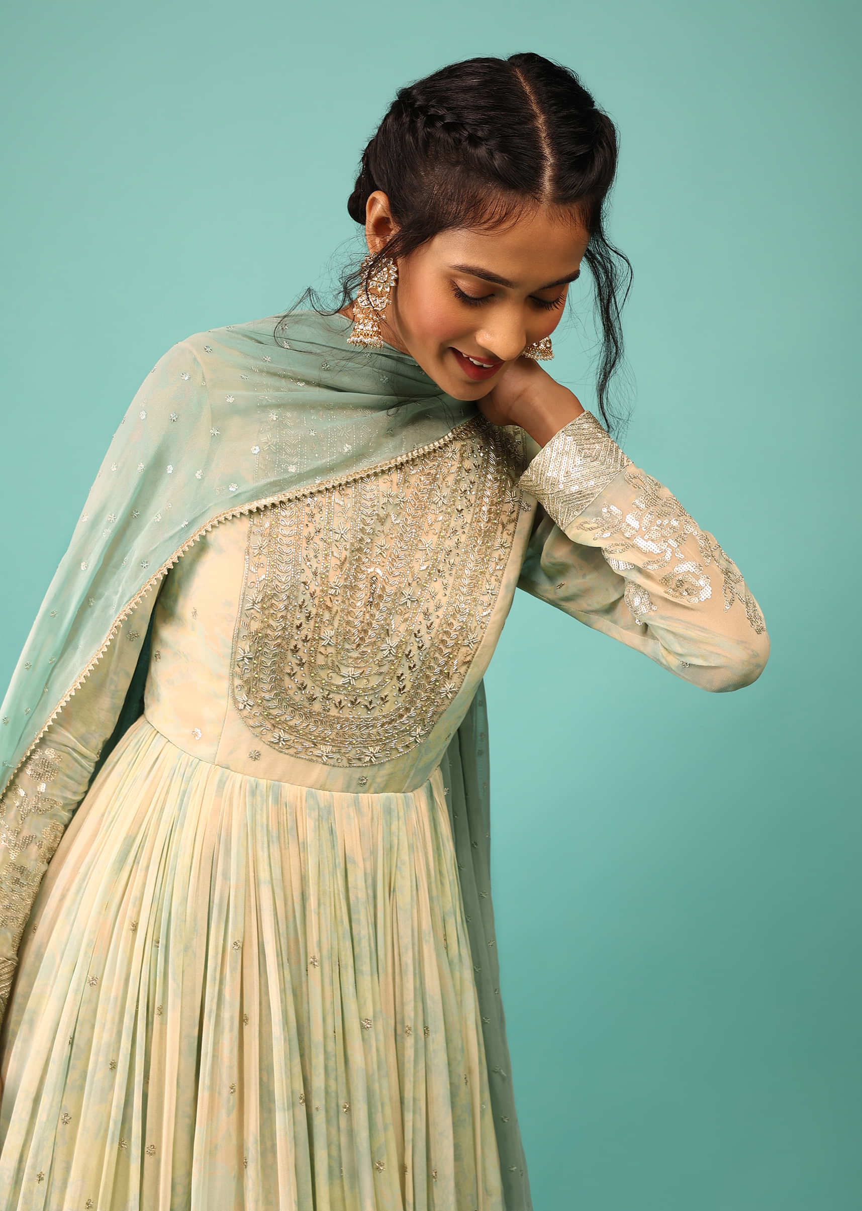 Multicoloured Anarkali Suit In Georgette With Floral Print, Embroidery And A Pastel Green Dupatta