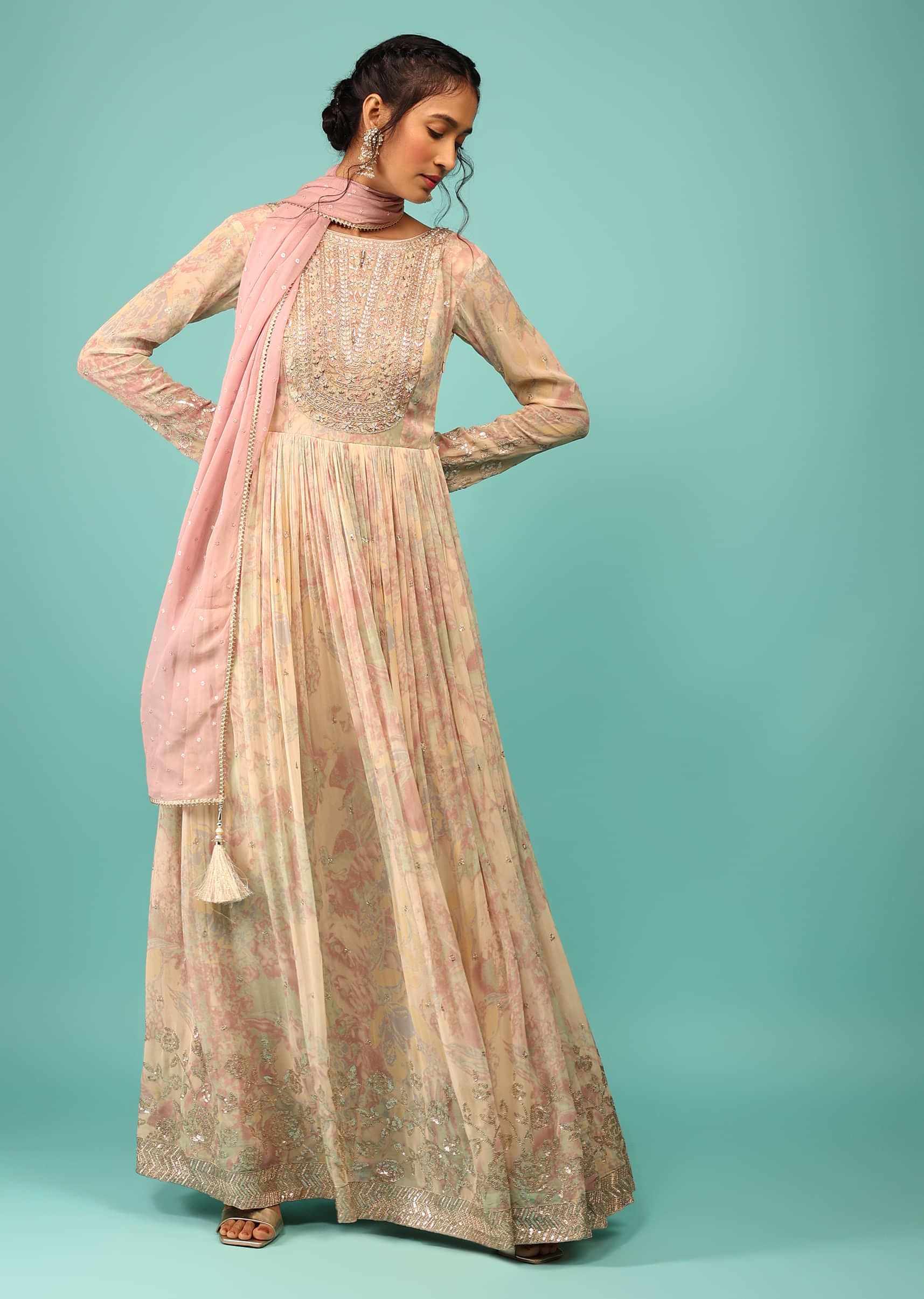 Multicoloured Anarkali Suit In Georgette With Floral Print, Embroidery And A Cameo Pink Dupatta