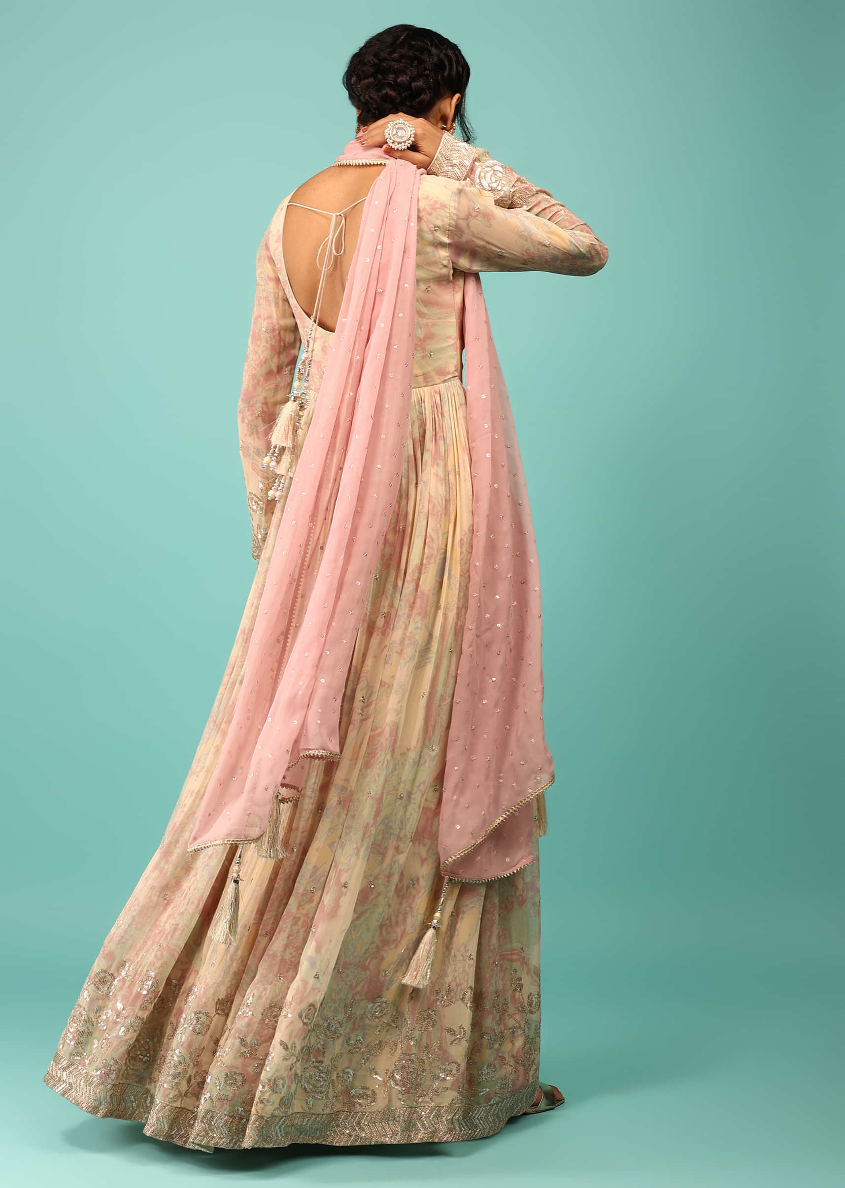 Multicoloured Anarkali Suit In Georgette With Floral Print, Embroidery And A Cameo Pink Dupatta