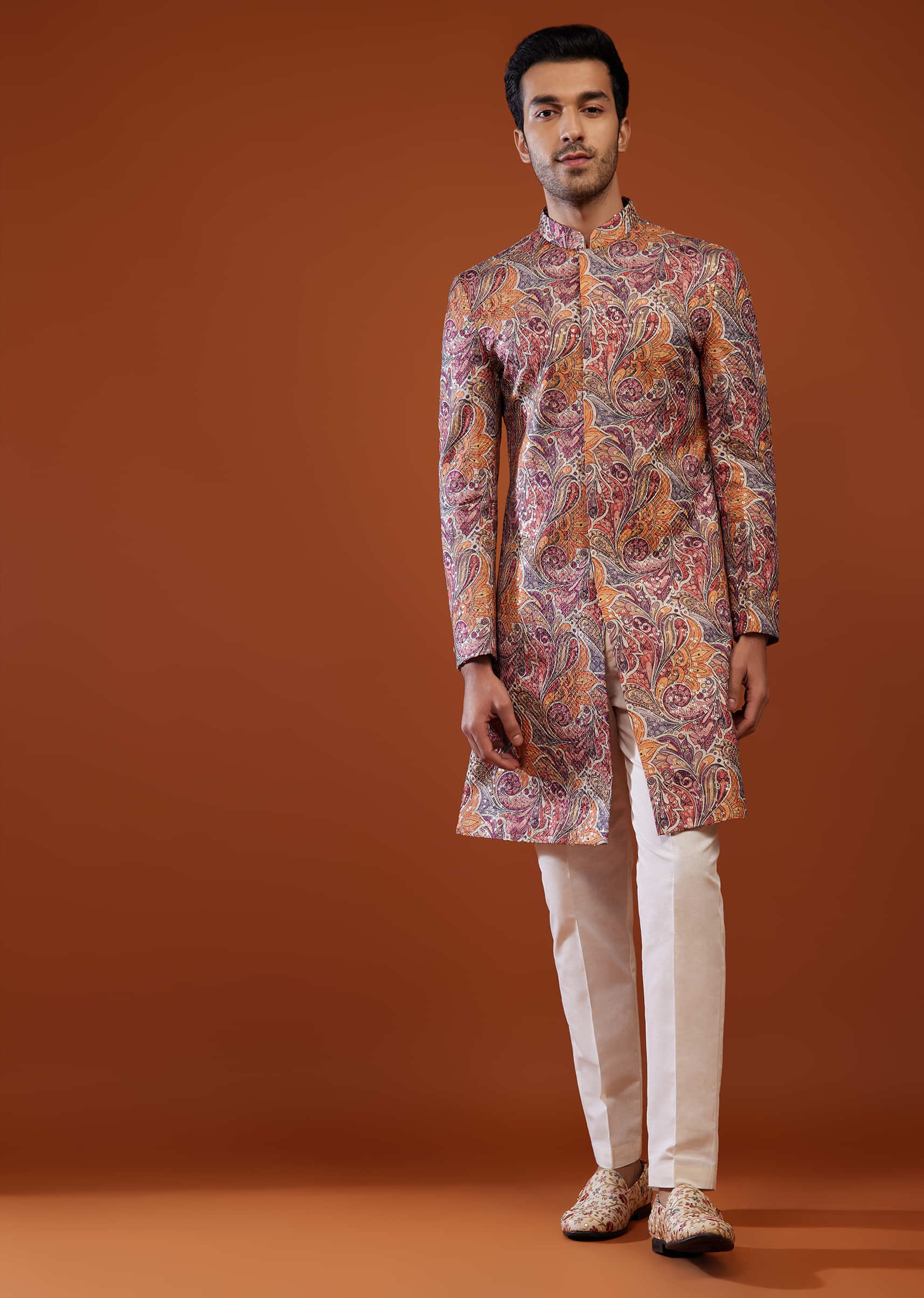 Multicoloured Embroidered Sherwani Set In Imported Suiting Fabric