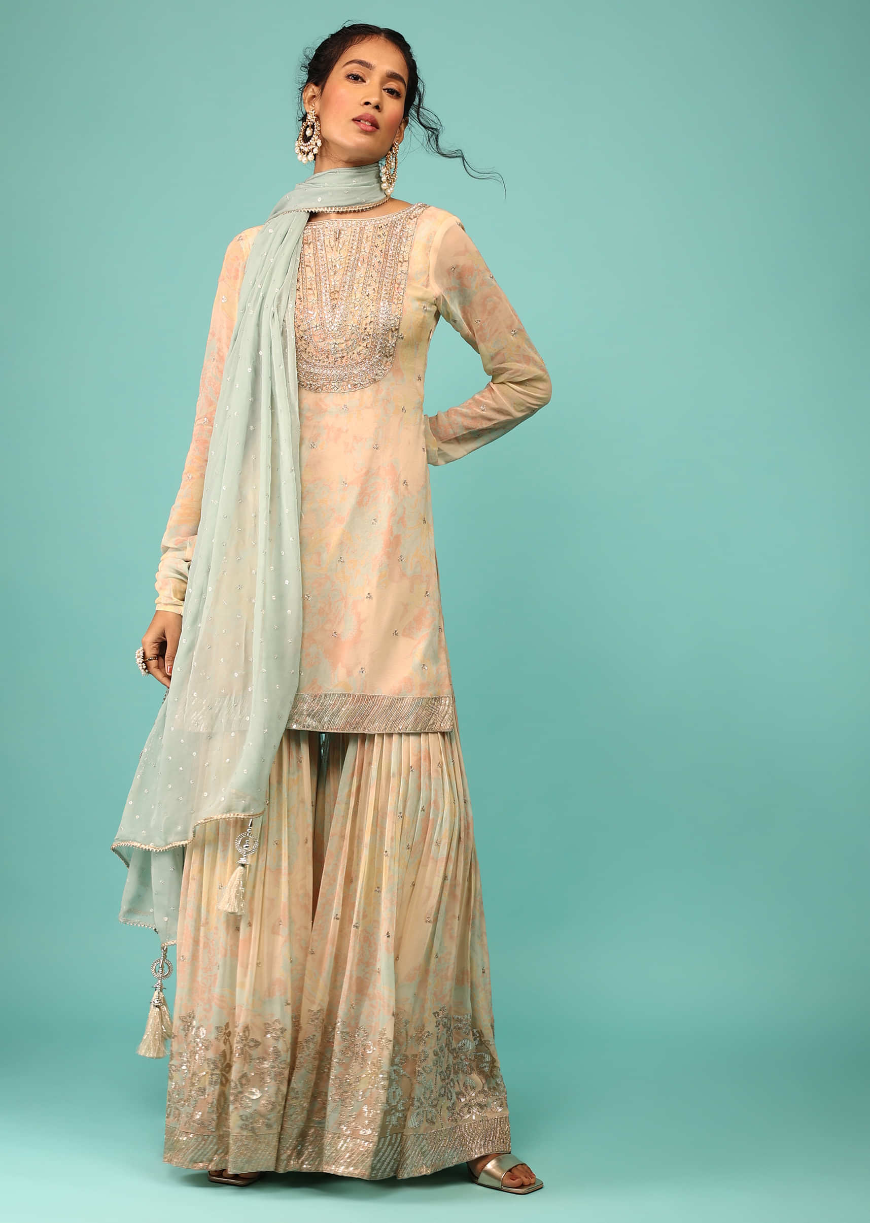 Multicoloured Sharara Suit In Georgette With Floral Print, Embroidery, And Cascade Blue Dupatta