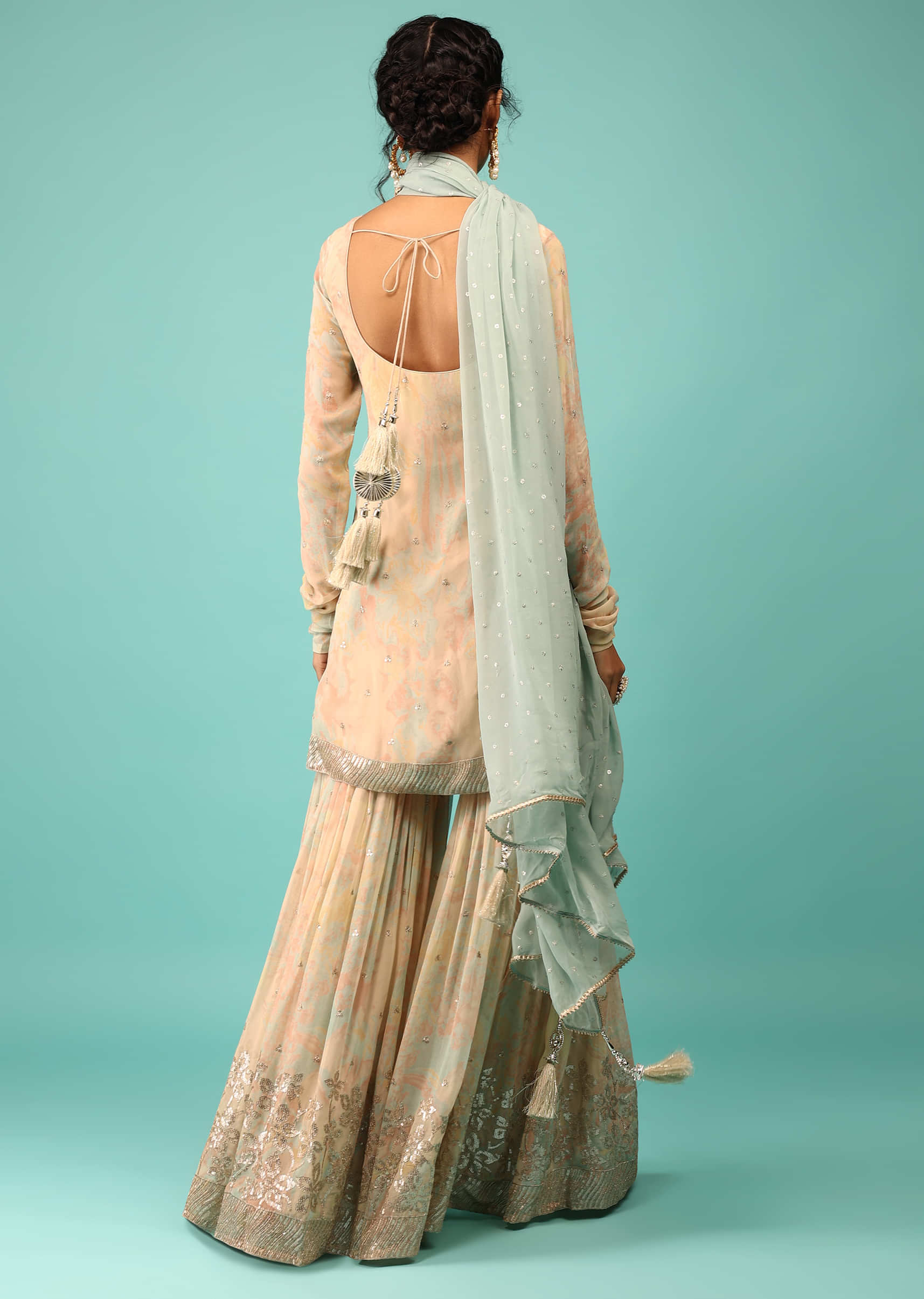 Multicoloured Sharara Suit In Georgette With Floral Print, Embroidery, And Cascade Blue Dupatta
