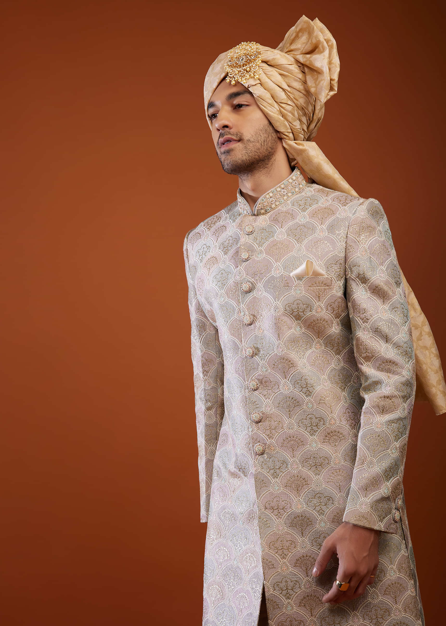 Multicoloured Thread Embroidered Tussar Silk Sherwani Set