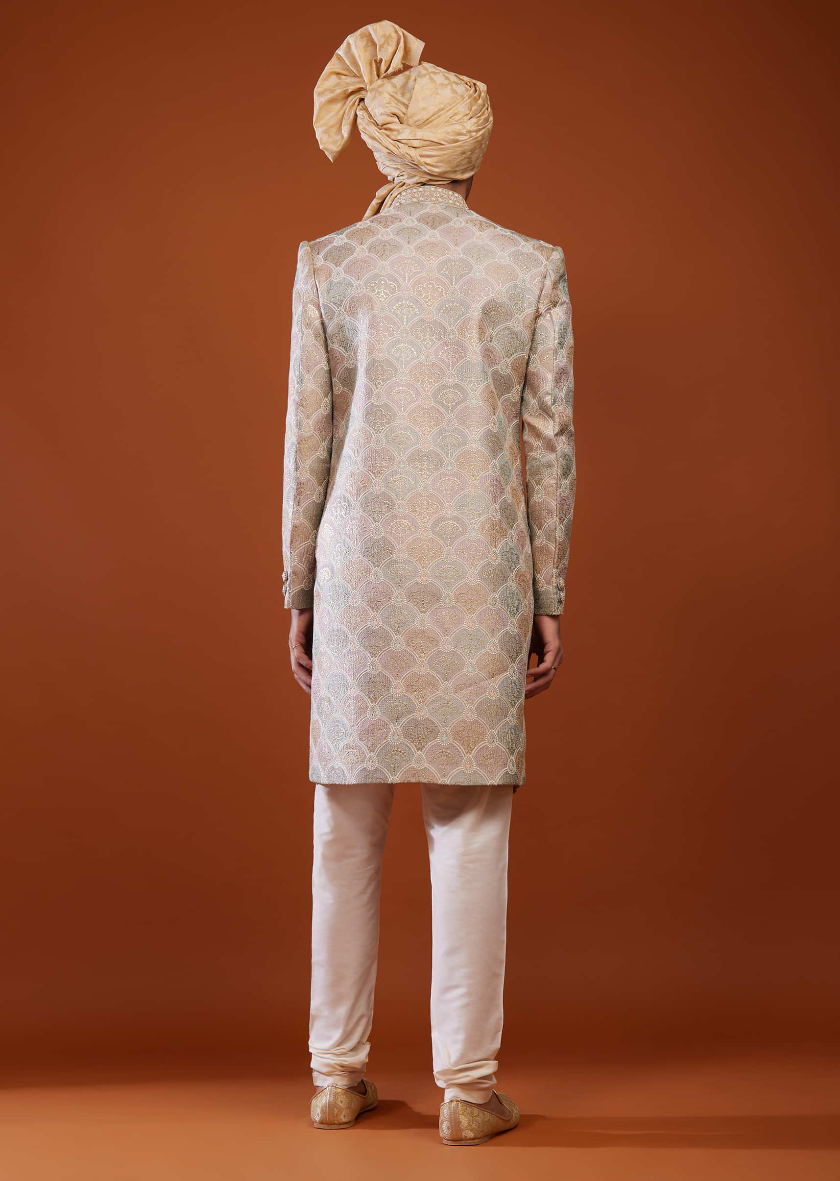 Multicoloured Thread Embroidered Tussar Silk Sherwani Set
