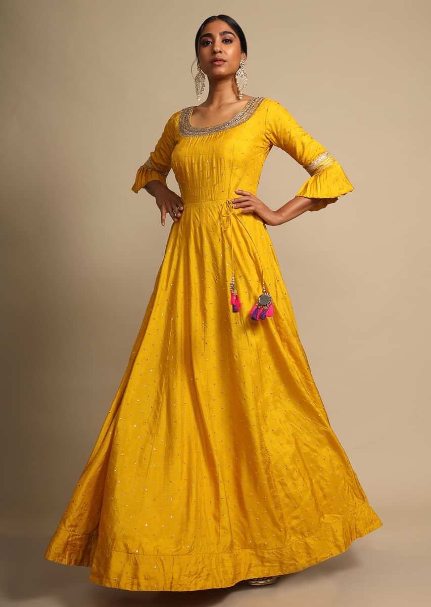 Mustard Anarkali Suit In Cotton Silk With Ruffle Sleeves And Navy Blue Bandhani Dupatta  