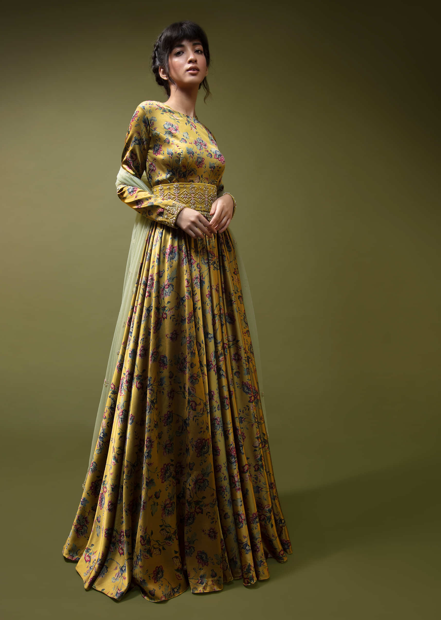 Mustard Anarkali Suit In Satin With Floral Print All Over And A Broad Moti And Cut Dana Embroidered Belt  