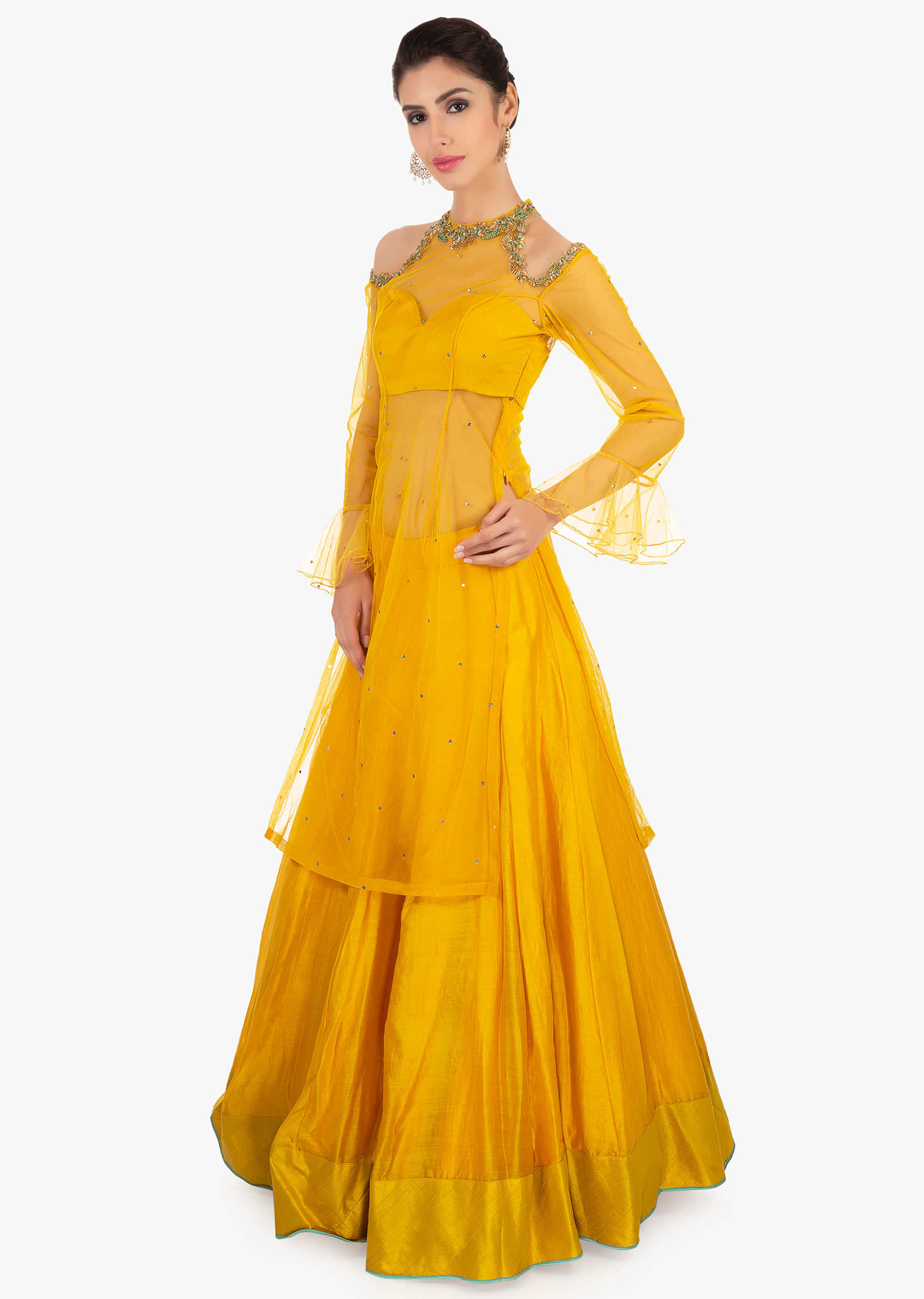 Mustard cotton skirt in kali with long net top